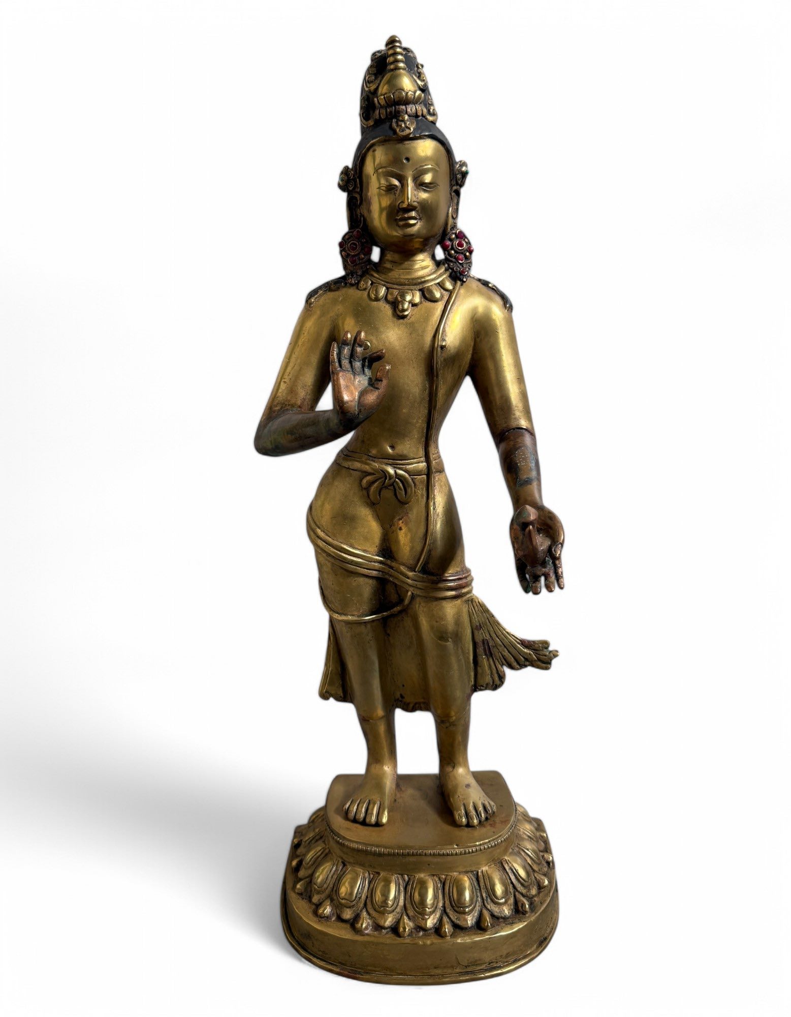 Maitreya Kupferbronze feuervergoldet Nepal Statue Rubin Steine