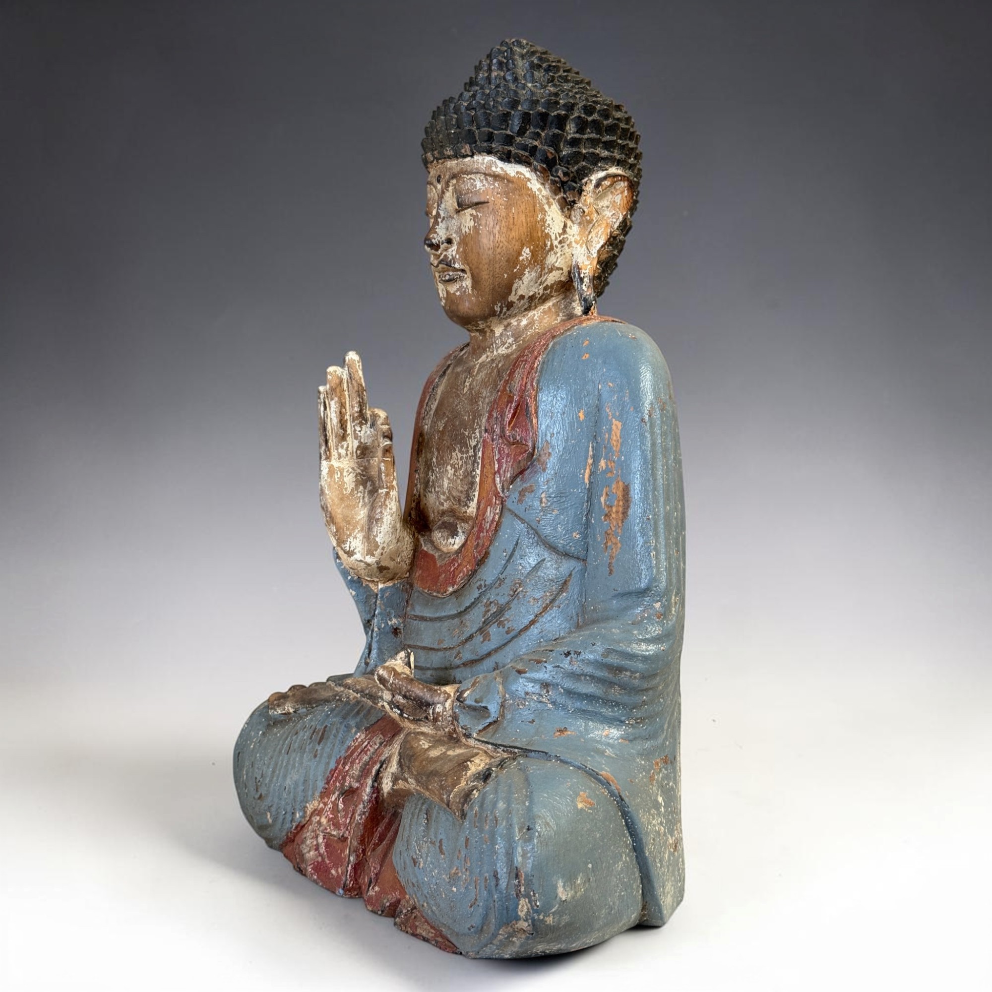 Teaching Buddha Figur 53cm Suar Holz Indonesien massiv 8kg Vintage Look Unikat