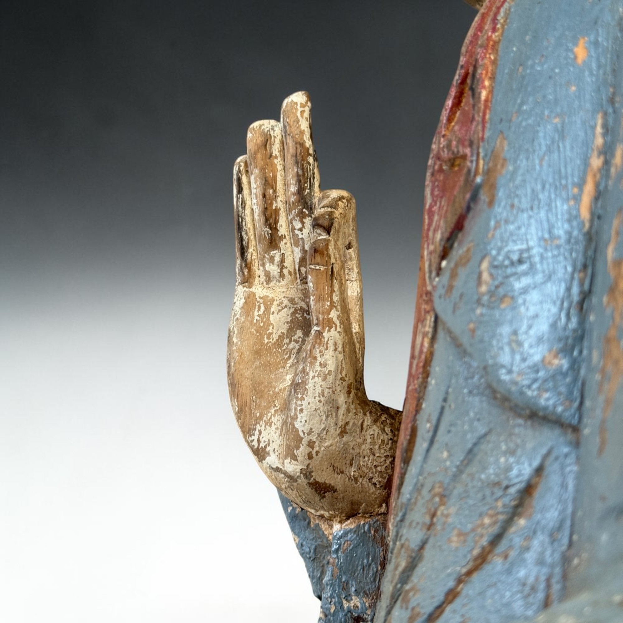 Teaching Buddha Figur 53cm Suar Holz Indonesien massiv 8kg Vintage Look Unikat