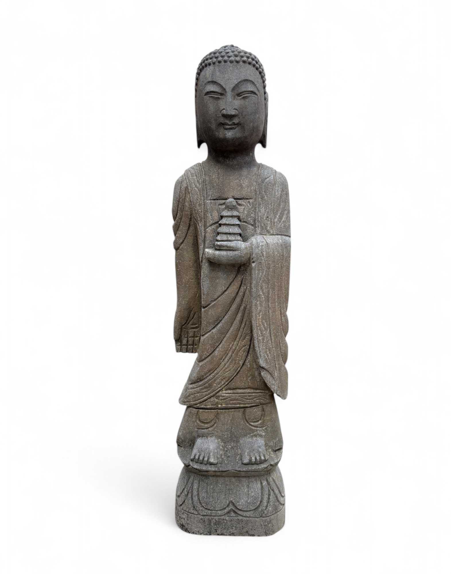 Naturstein Buddha mit Pagode – Stehende Statue, Tibet/China, 70 cm