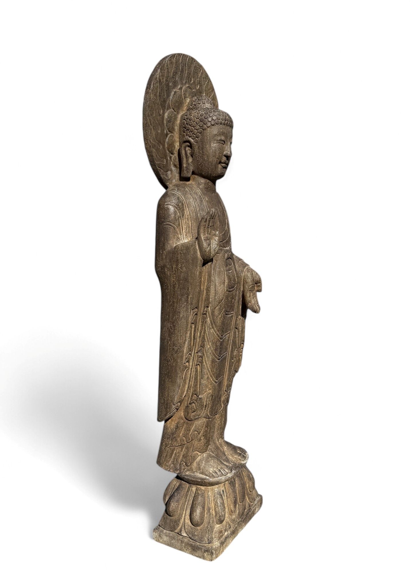 Garten Buddha Statue Naturstein Skulptur mit Aureole