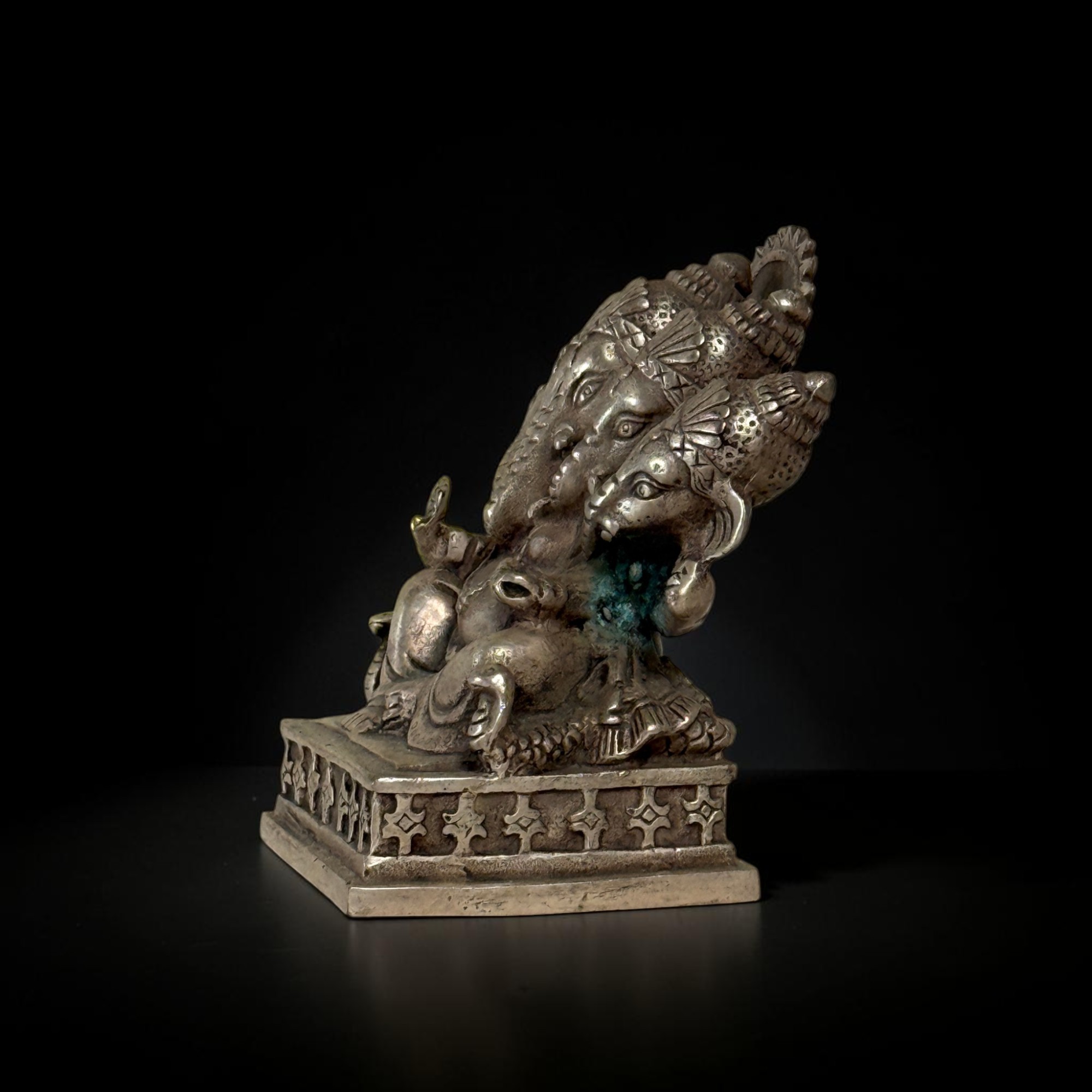 Pancha-Mukhi Ganesha Figur 5 Köpfe Skulptur Grünspan Hinduismus Asiatika