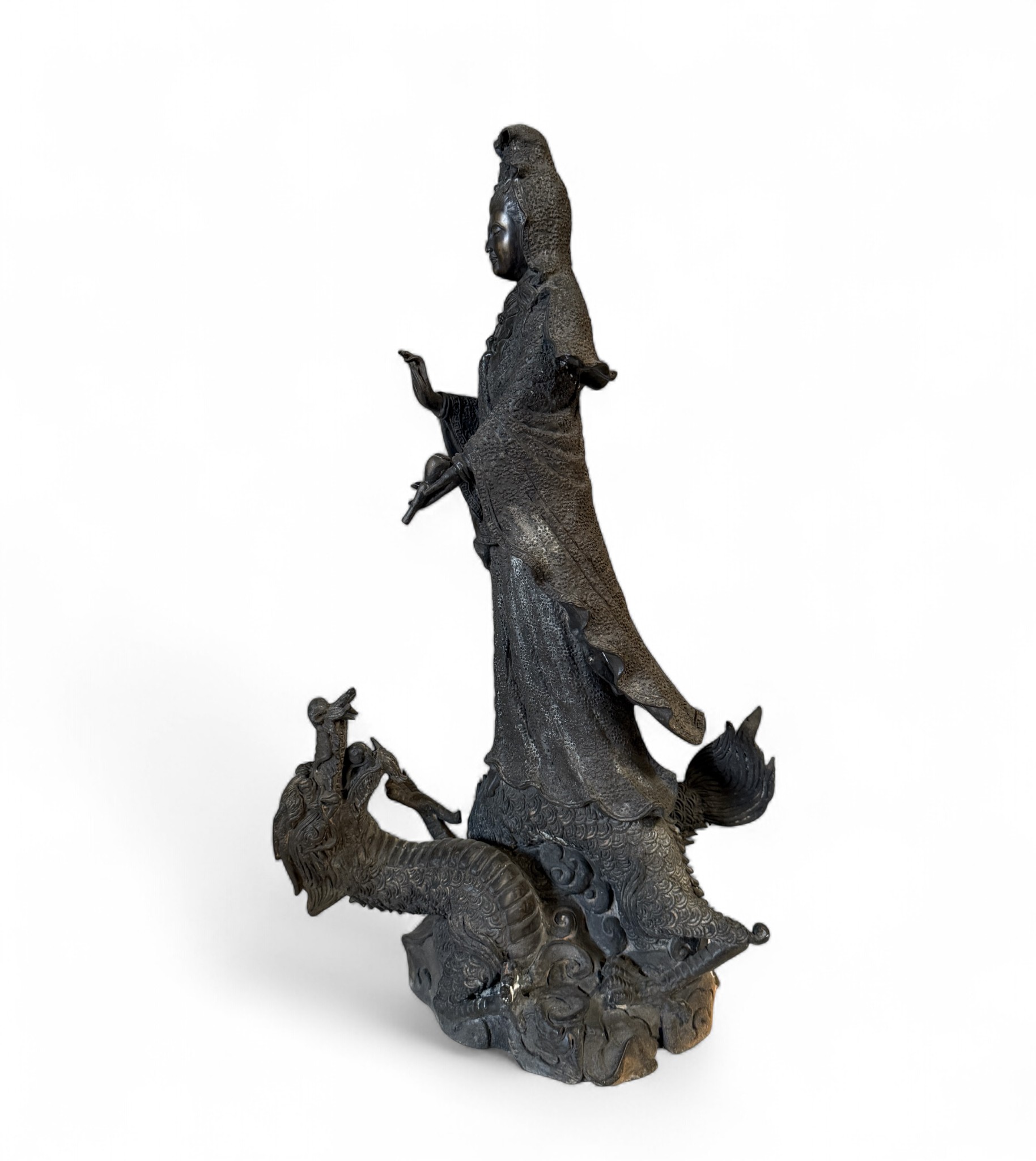 Buddha Figur Bronze Guanyin auf Drache 49cm groß