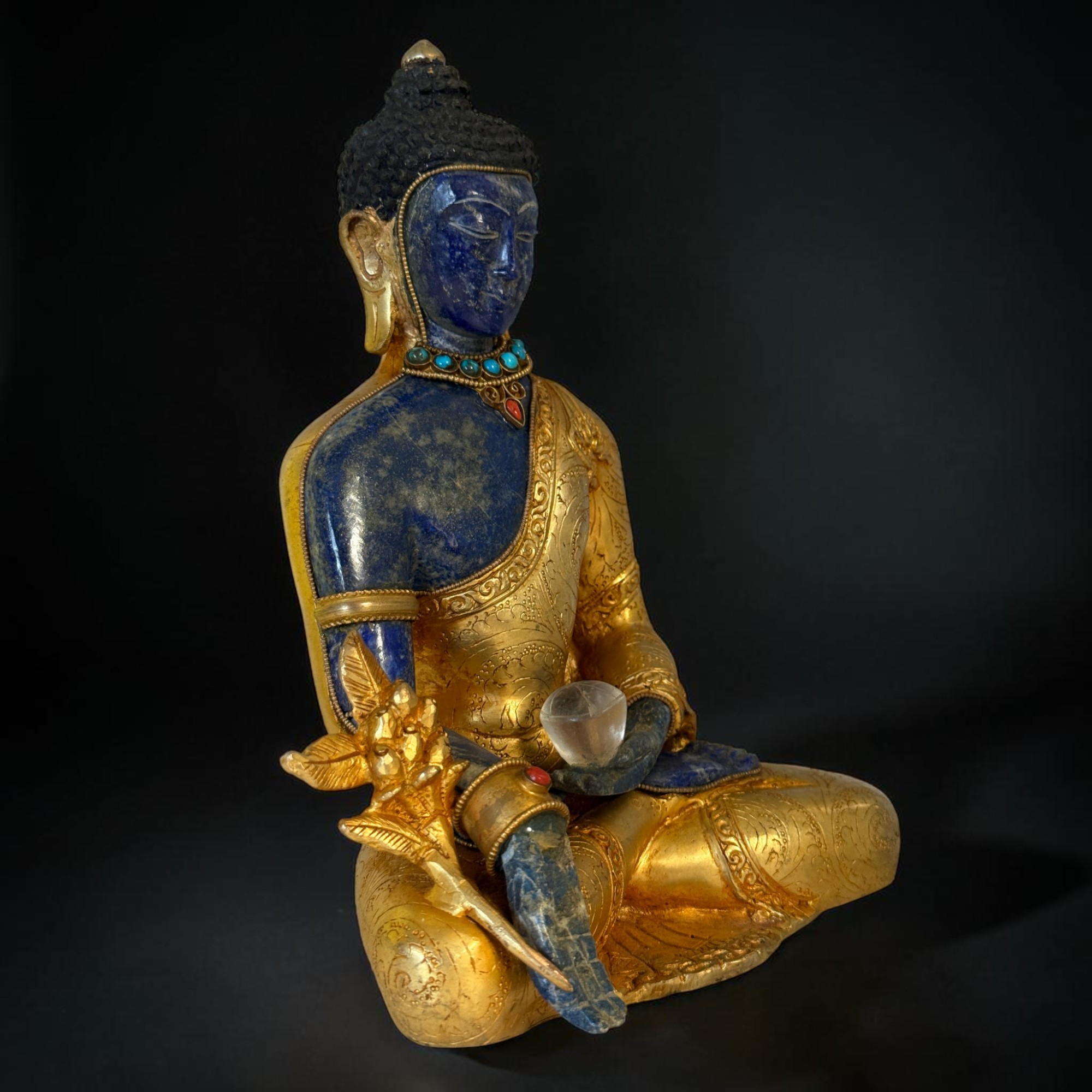 Medizin Buddha Figur Bronze Feuervergoldet mit Lapislazuli – 22cm