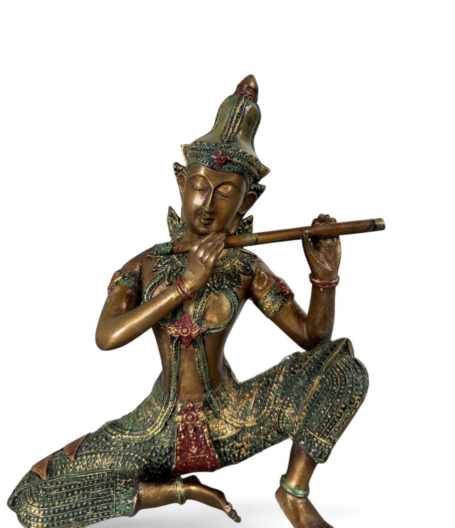 Thailändische Apsara Musikantin aus Bronze mit Flöte