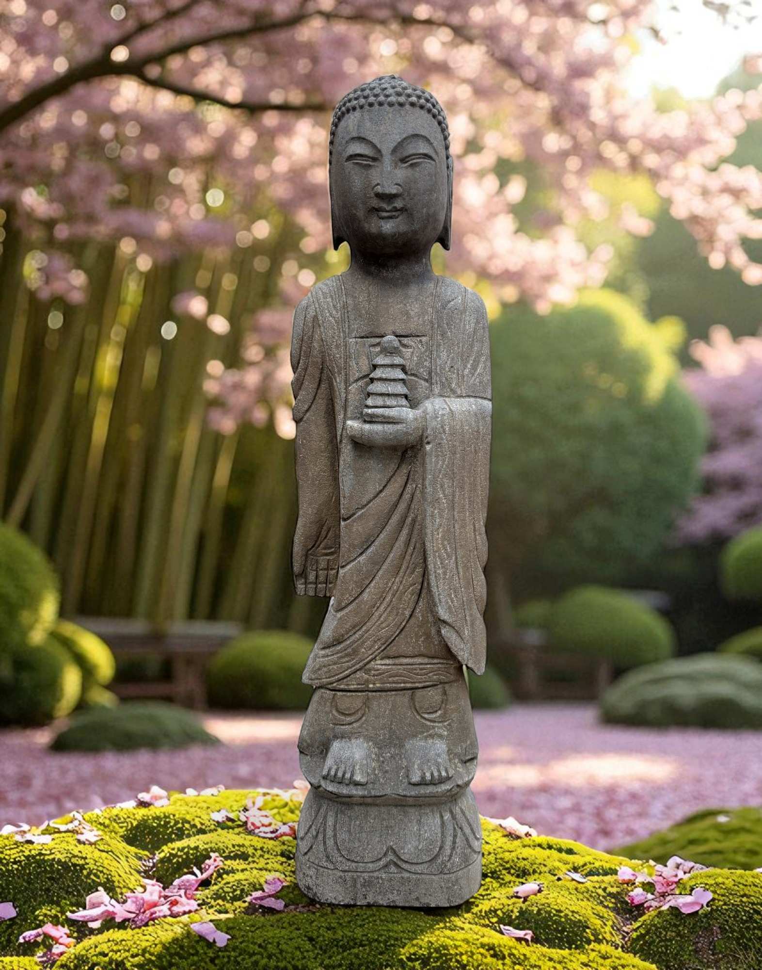 Naturstein Buddha mit Pagode – Stehende Statue, Tibet/China, 70 cm