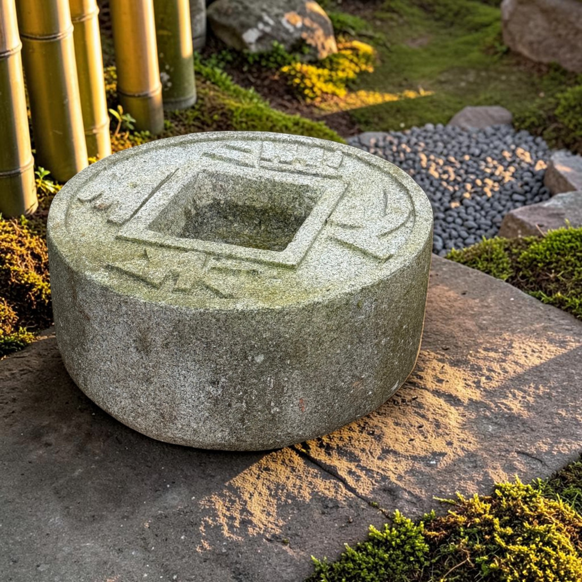 Altes Japanisches Tsukubai Steinbecken Granit - Zen-Münzbecken - 45cm Bemoost