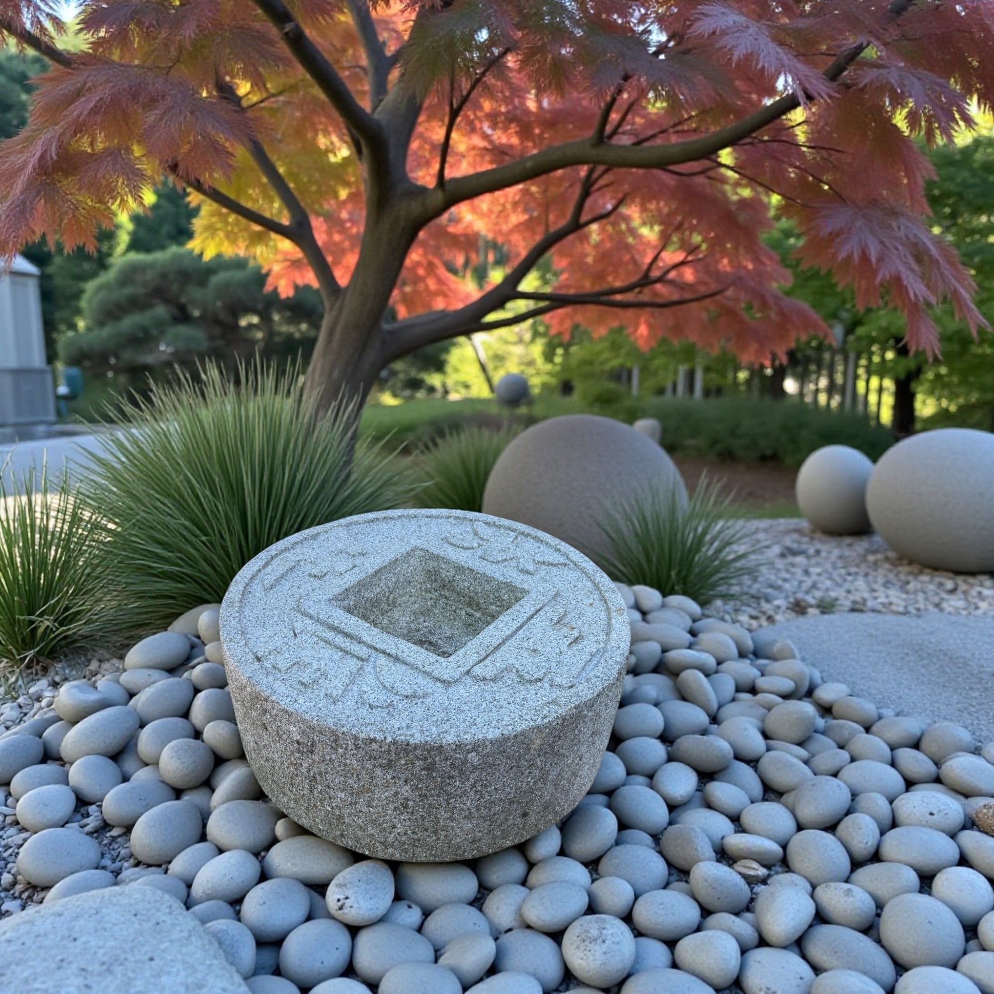 Altes Japanisches Tsukubai Steinbecken Granit - Zen-Münzbecken - 45cm Bemoost