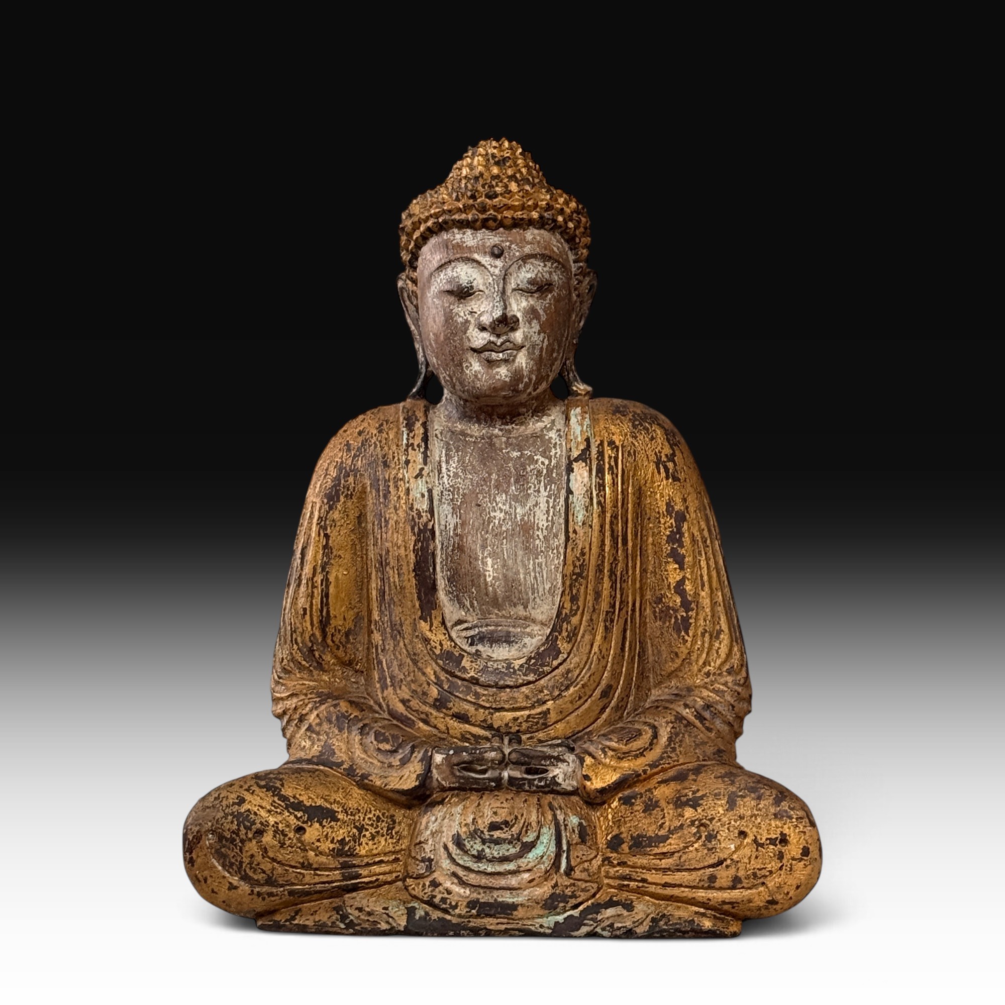 Vintage Buddha Statue Suarholz – Meditation Skulptur mit Goldpatina, 61 cm