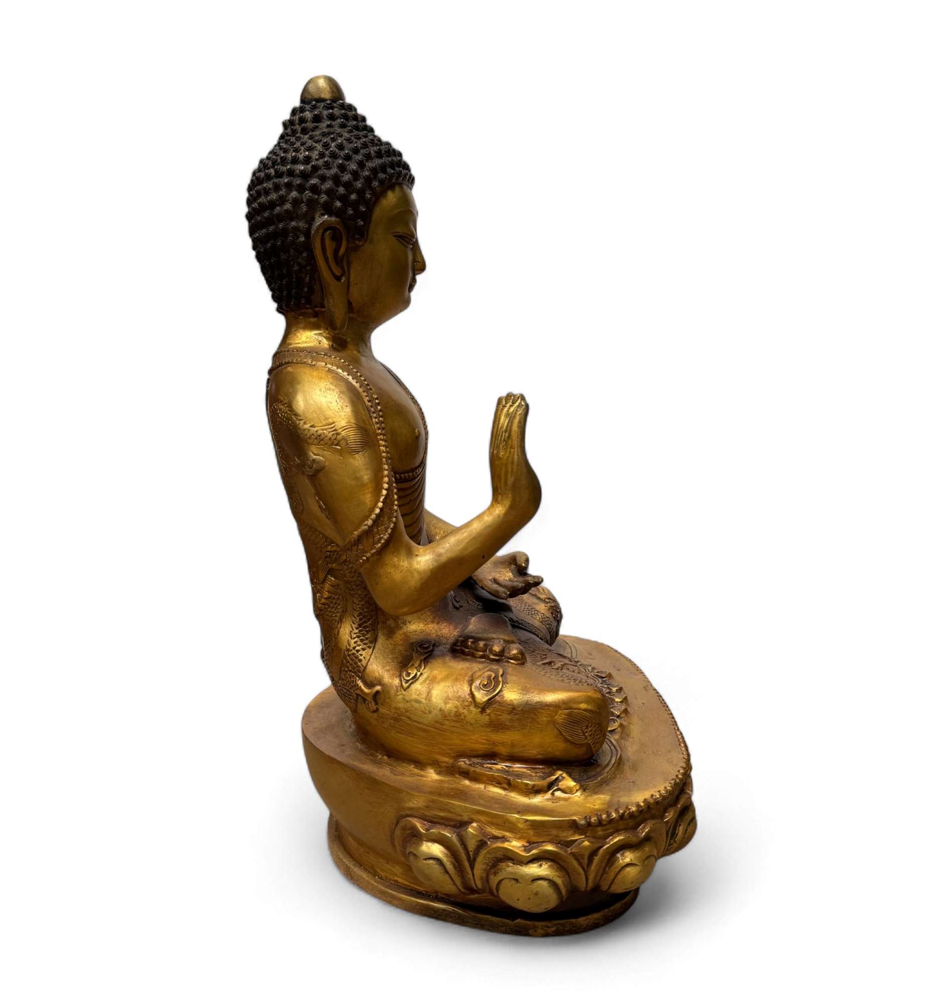 Bronze-Buddha 44 cm – Schutzgeste & Drachen – Sichuan China
