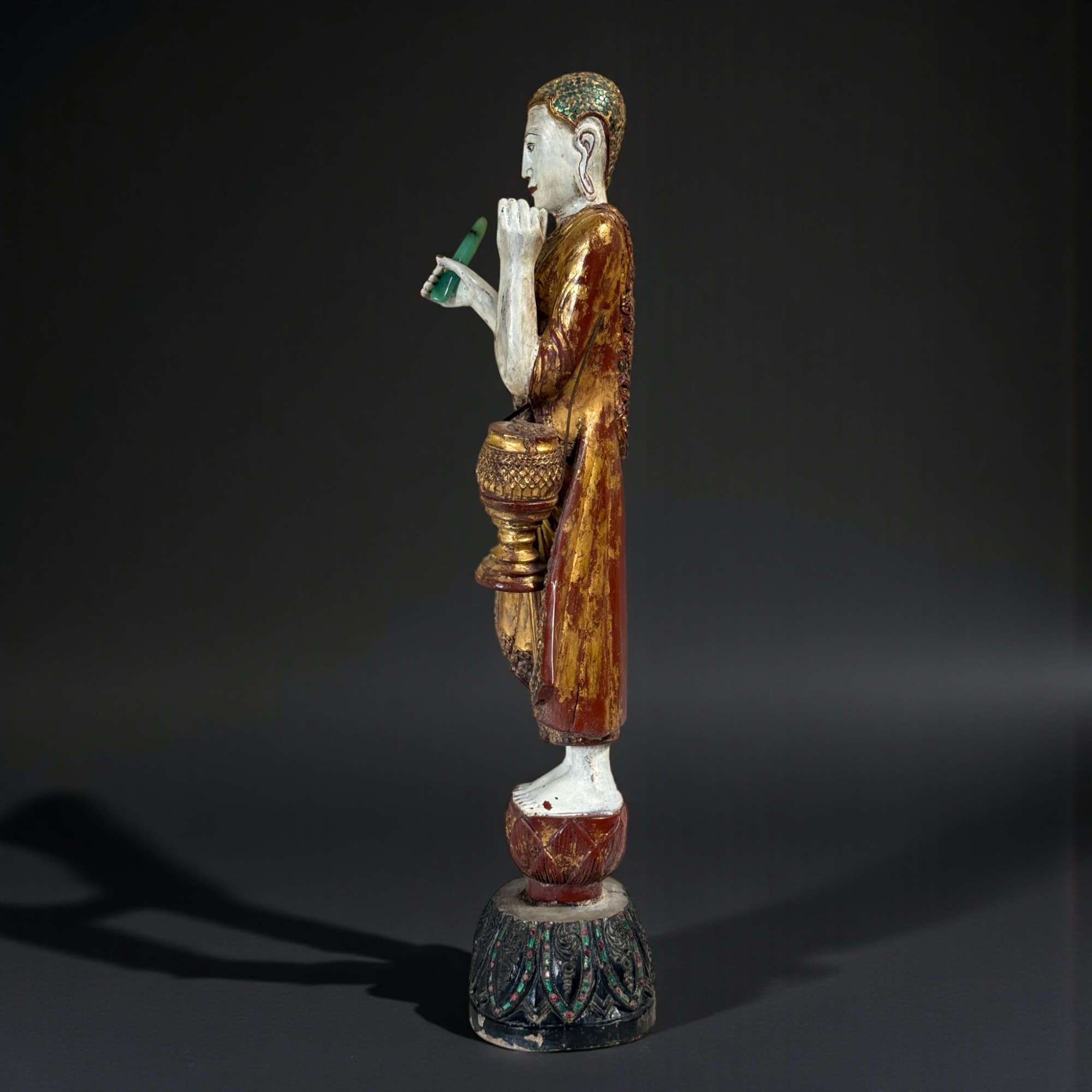 Alter Burma Mönch Holz Figur Trommel Jadestab: Teak Lotussockel Vergoldet 88cm