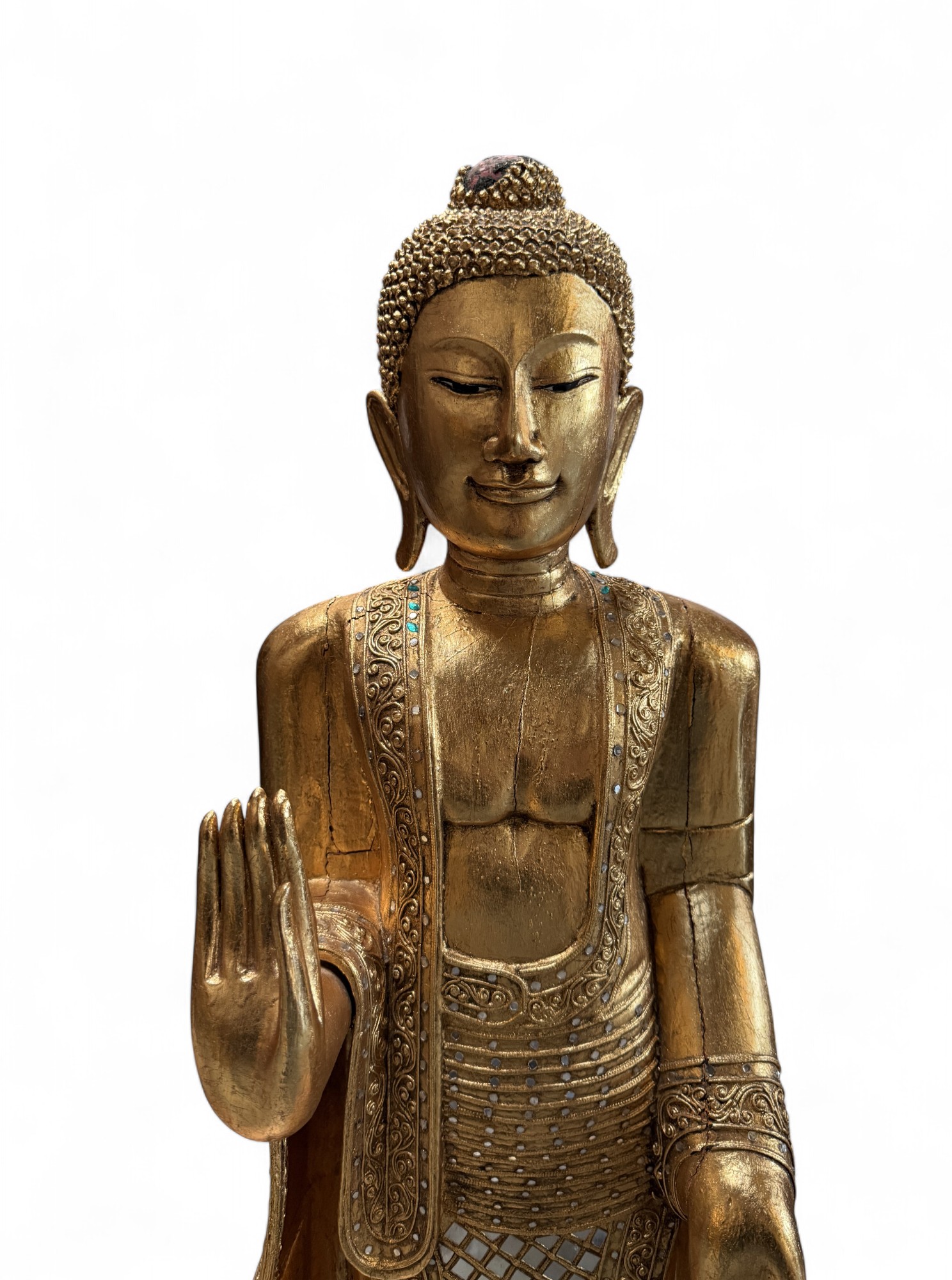 Holz Buddha Statue Thailand Skulptur mit Blattgold, 140 cm