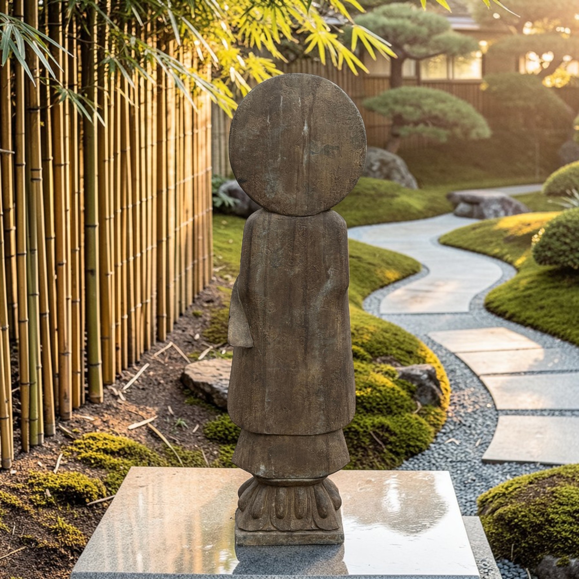 Garten Buddha Statue Naturstein Skulptur mit Aureole