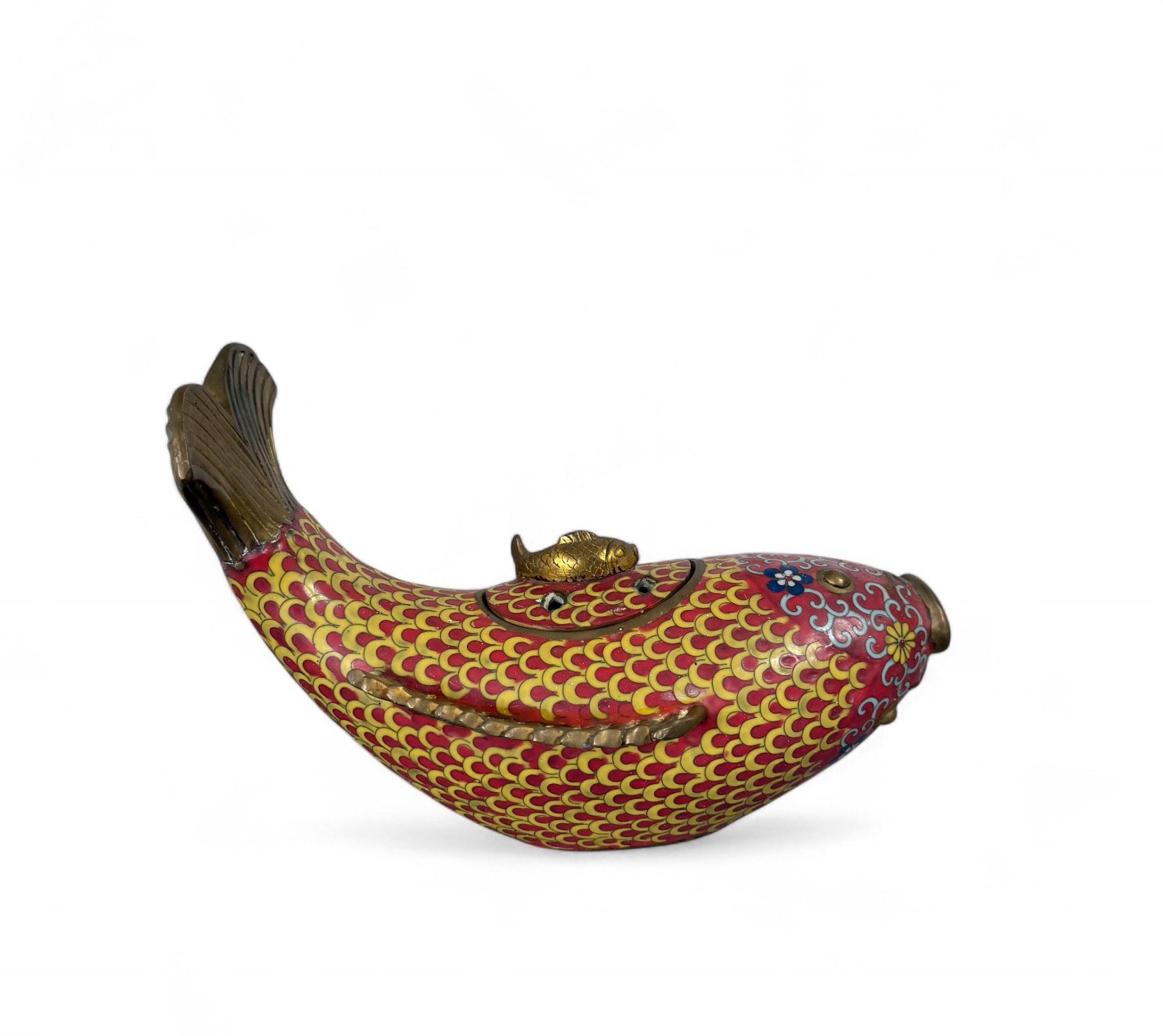 Koi Fisch Bronze Skulptur Cloisonné China mit Deckel – Räuchergefäß