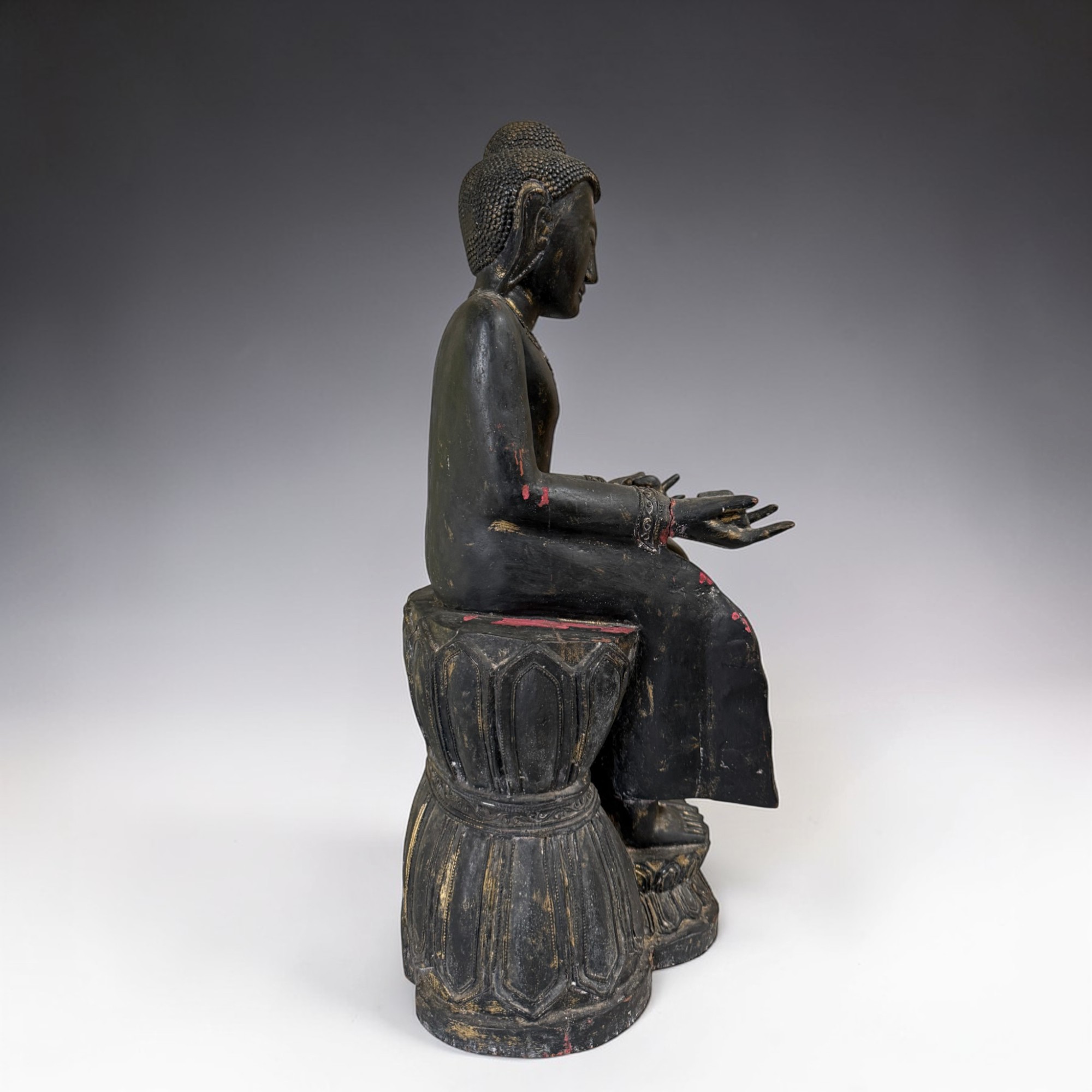 Maitreya Buddha Burma Teakholz 61cm Seltene Sitzhaltung Alte Figur Münchner Erbe