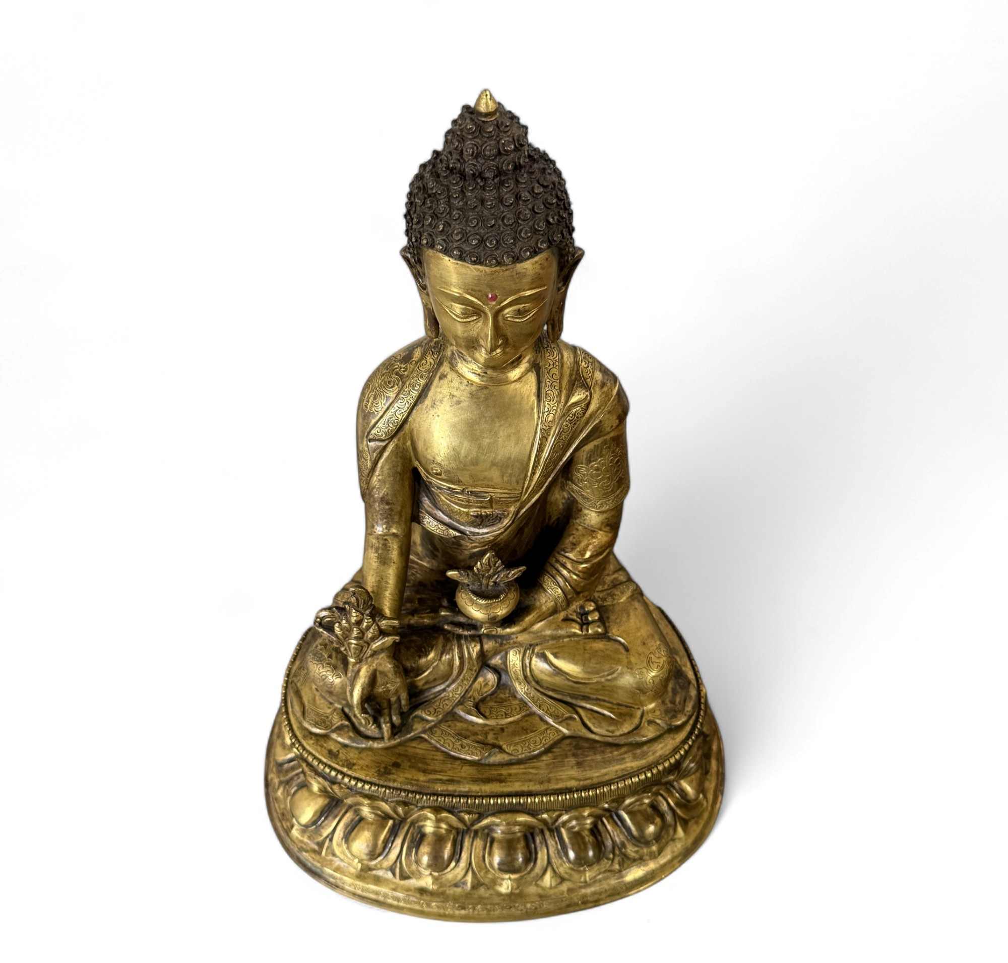Medizin Buddha Figur vergoldete Bronze Skulptur mit Gravuren