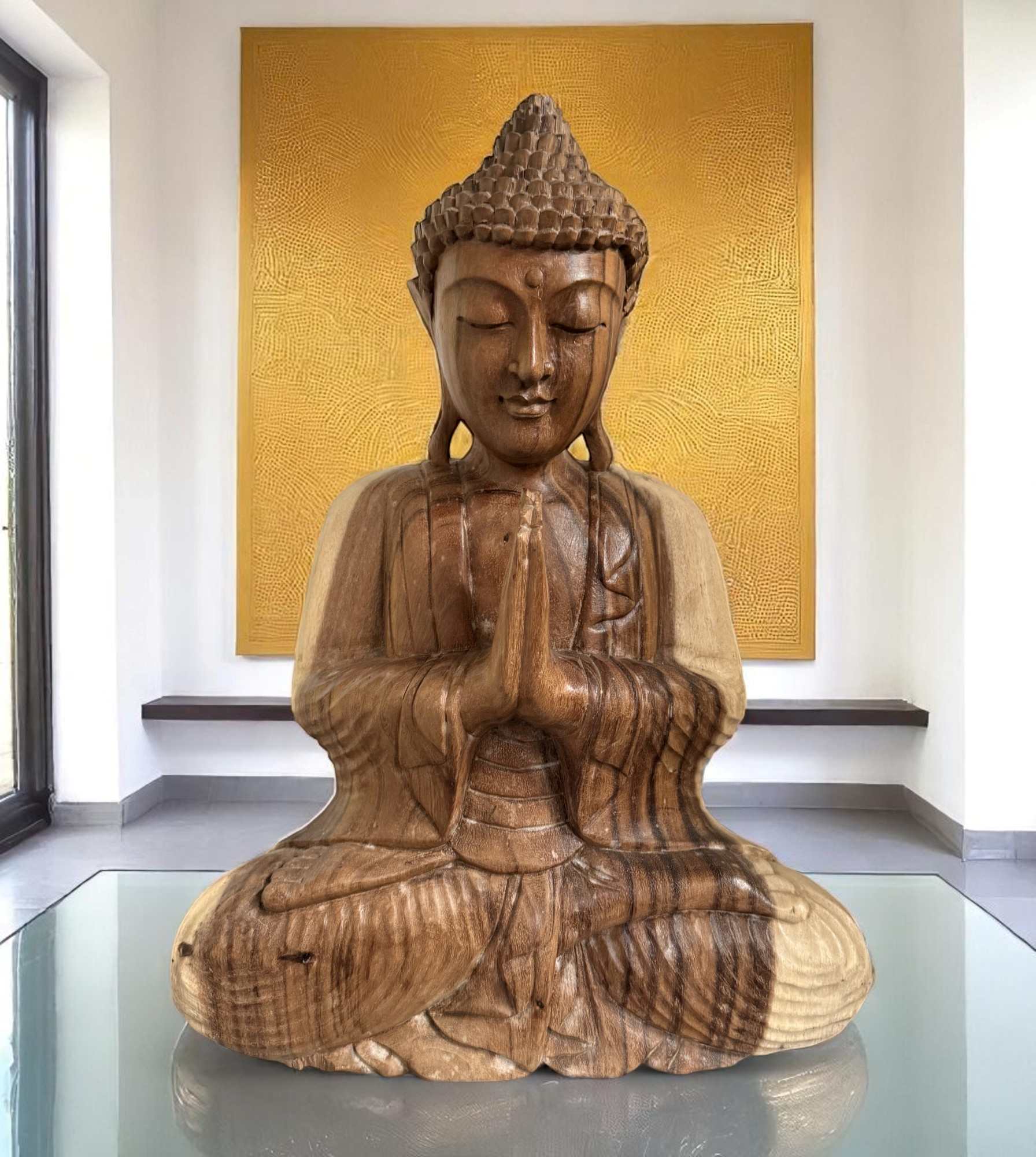 Namaste Buddha 52 cm – Suar Holz Statue – Handgeschnitzt & spirituell