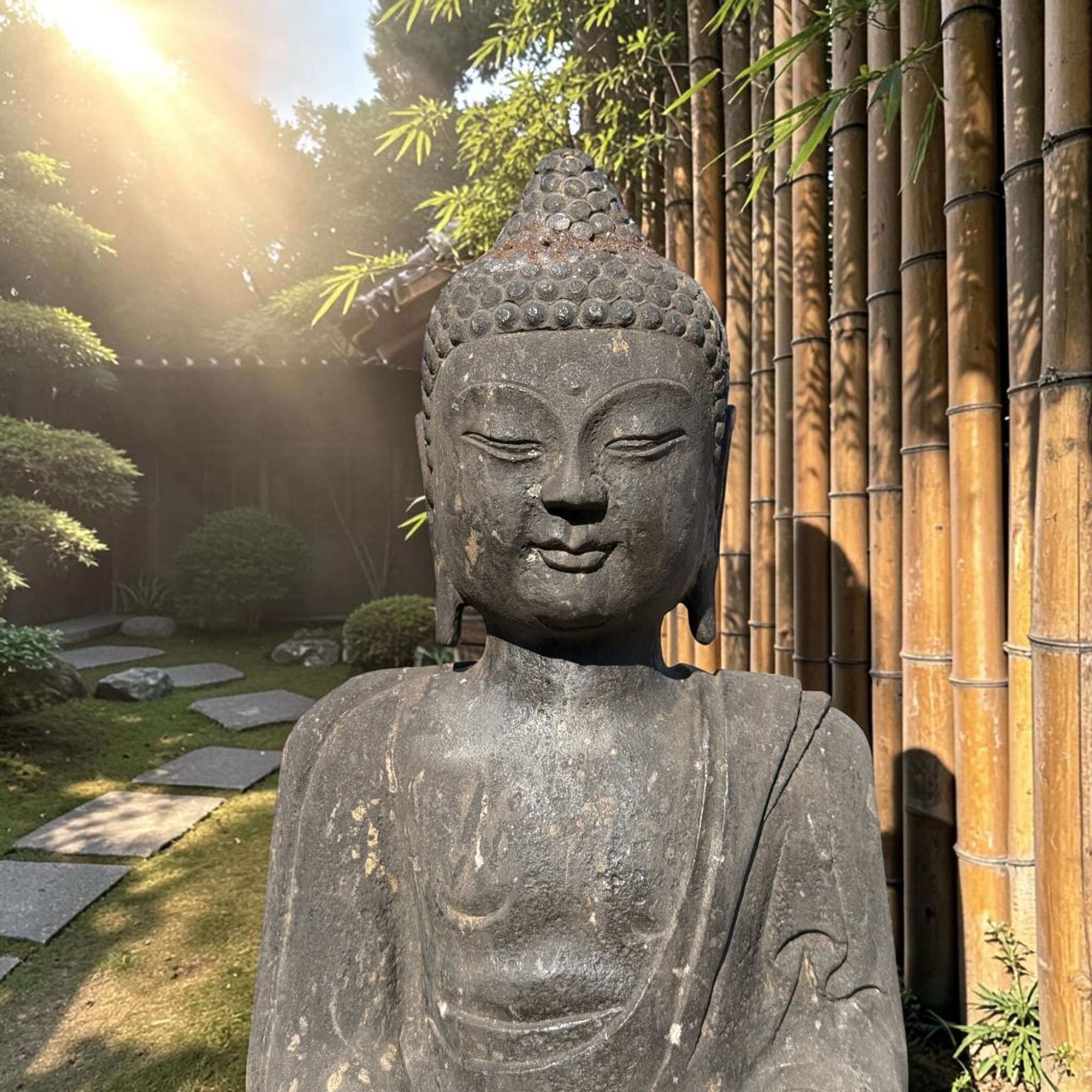 Garten Buddha Statue Naturstein Skulptur Amitabha 79cm Bluestone alter Zustand