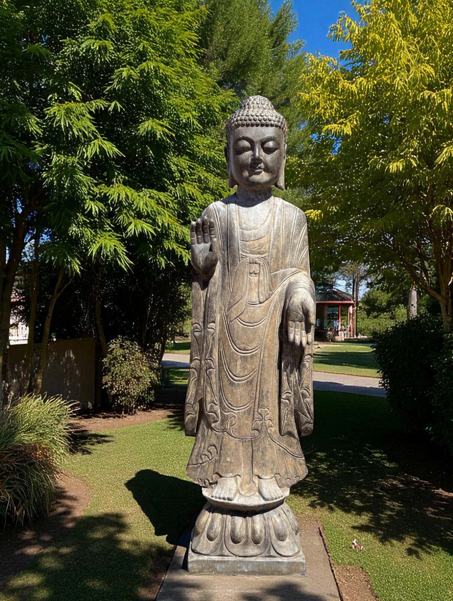 Garten Buddha Statue stehende Skulptur Schutz Geste 120 cm groß