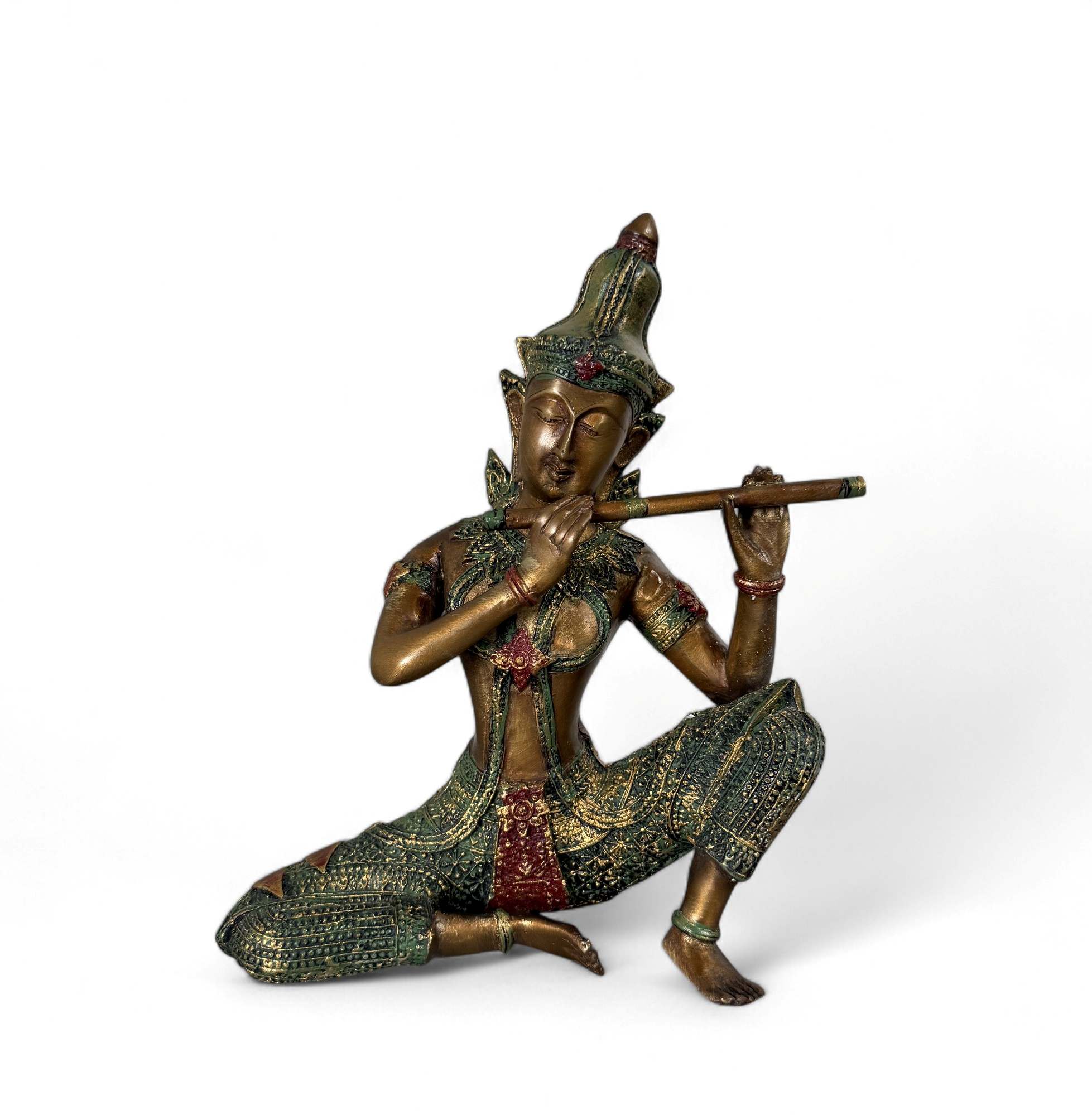 Thailändische Apsara Musikantin aus Bronze mit Flöte