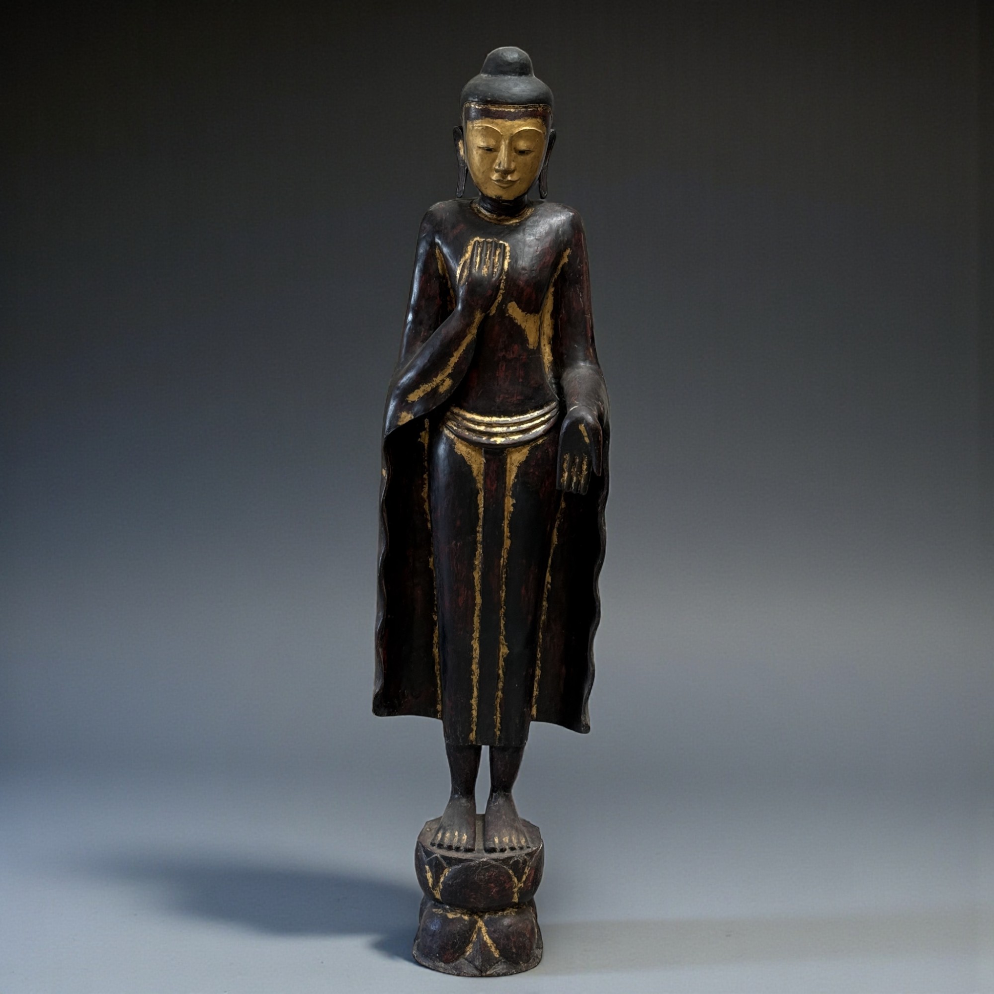 Birmanische Buddha Statue Teak Holz Skulptur Wunschgewährung