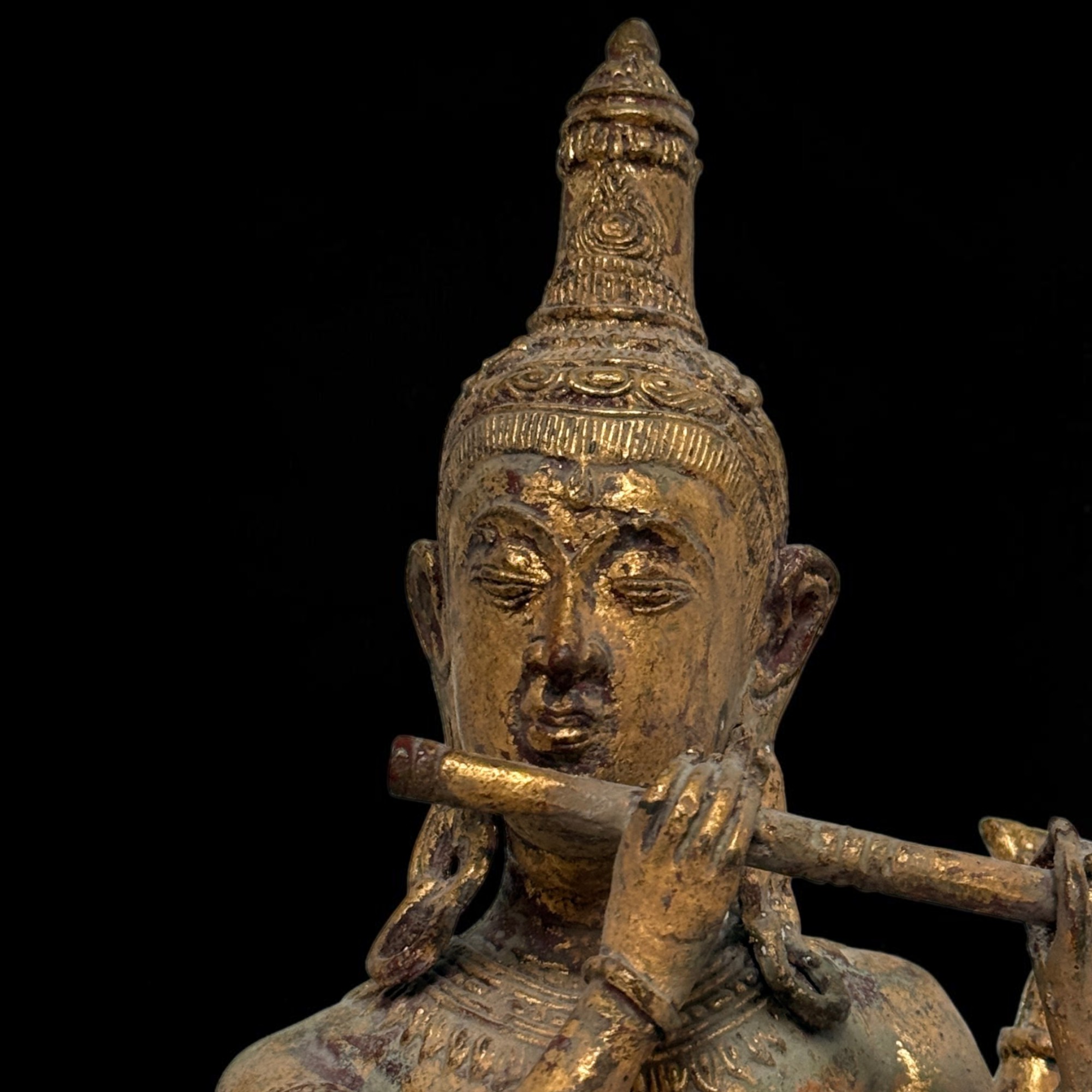 Krishna Figur Bronze Thailand, Flötenspieler Statue 31 cm, Restvergoldung