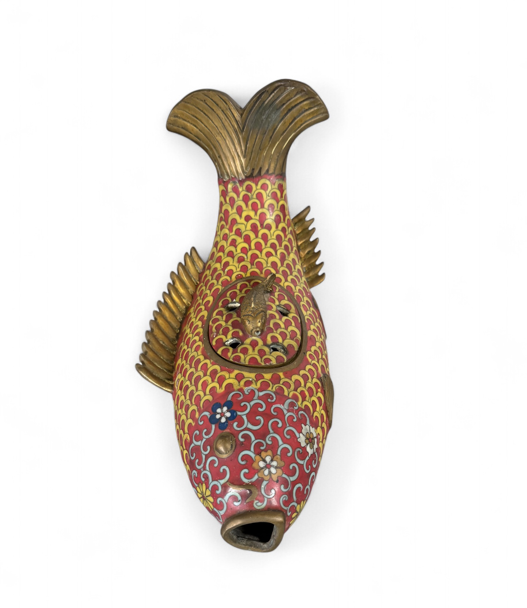Koi Fisch Bronze Skulptur Cloisonné China mit Deckel – Räuchergefäß