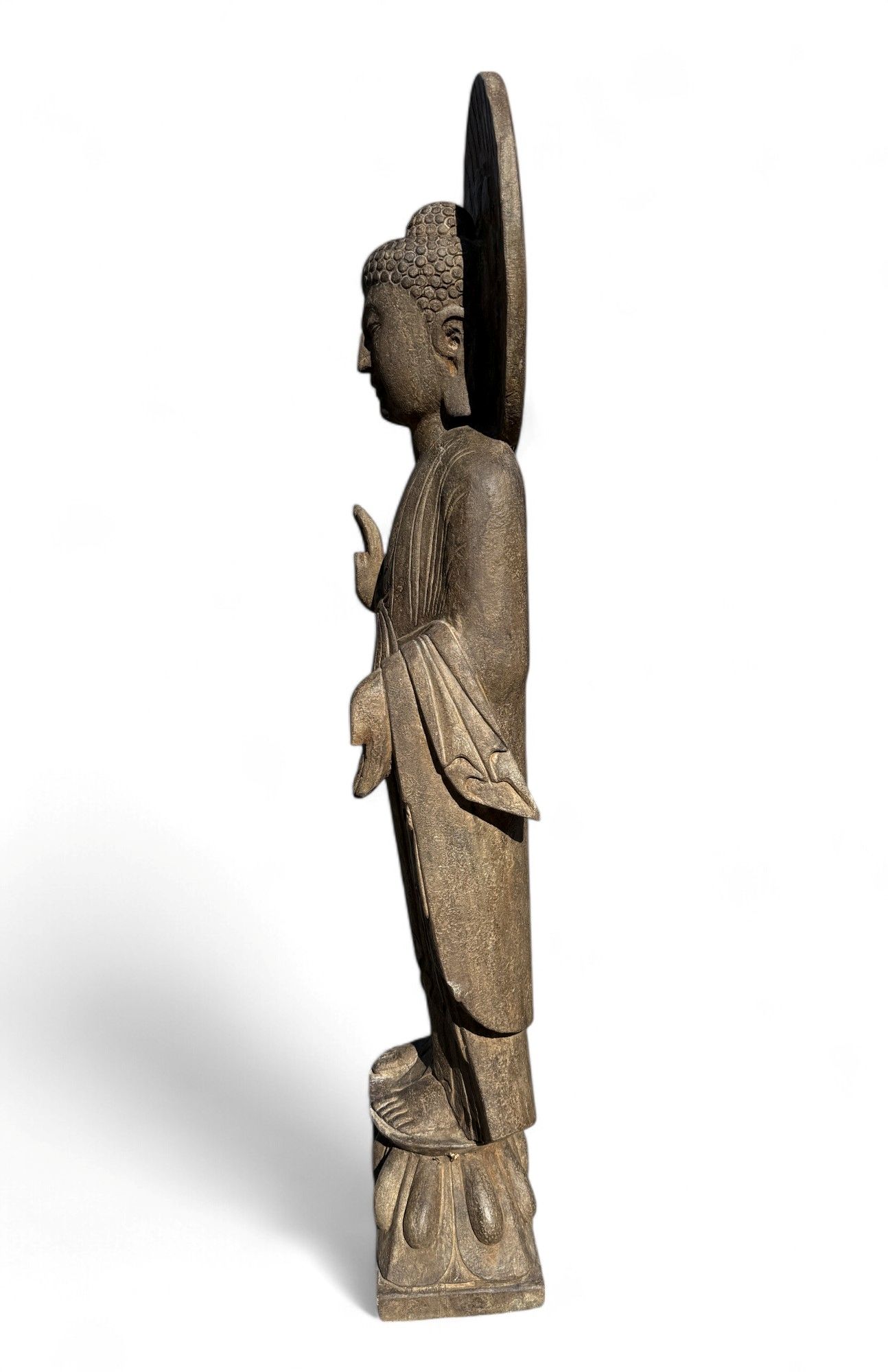 Garten Buddha Statue Naturstein Skulptur mit Aureole