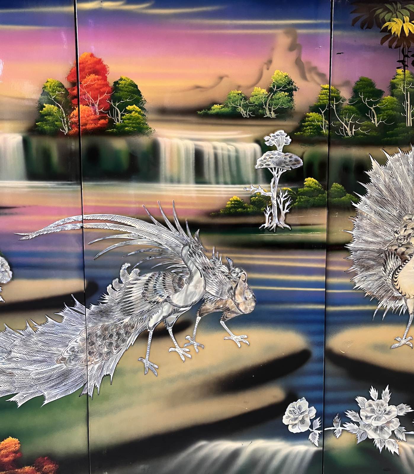 Asiatisches Wandbild Holz Lackbild Perlmutt Wanddeko - Pfau