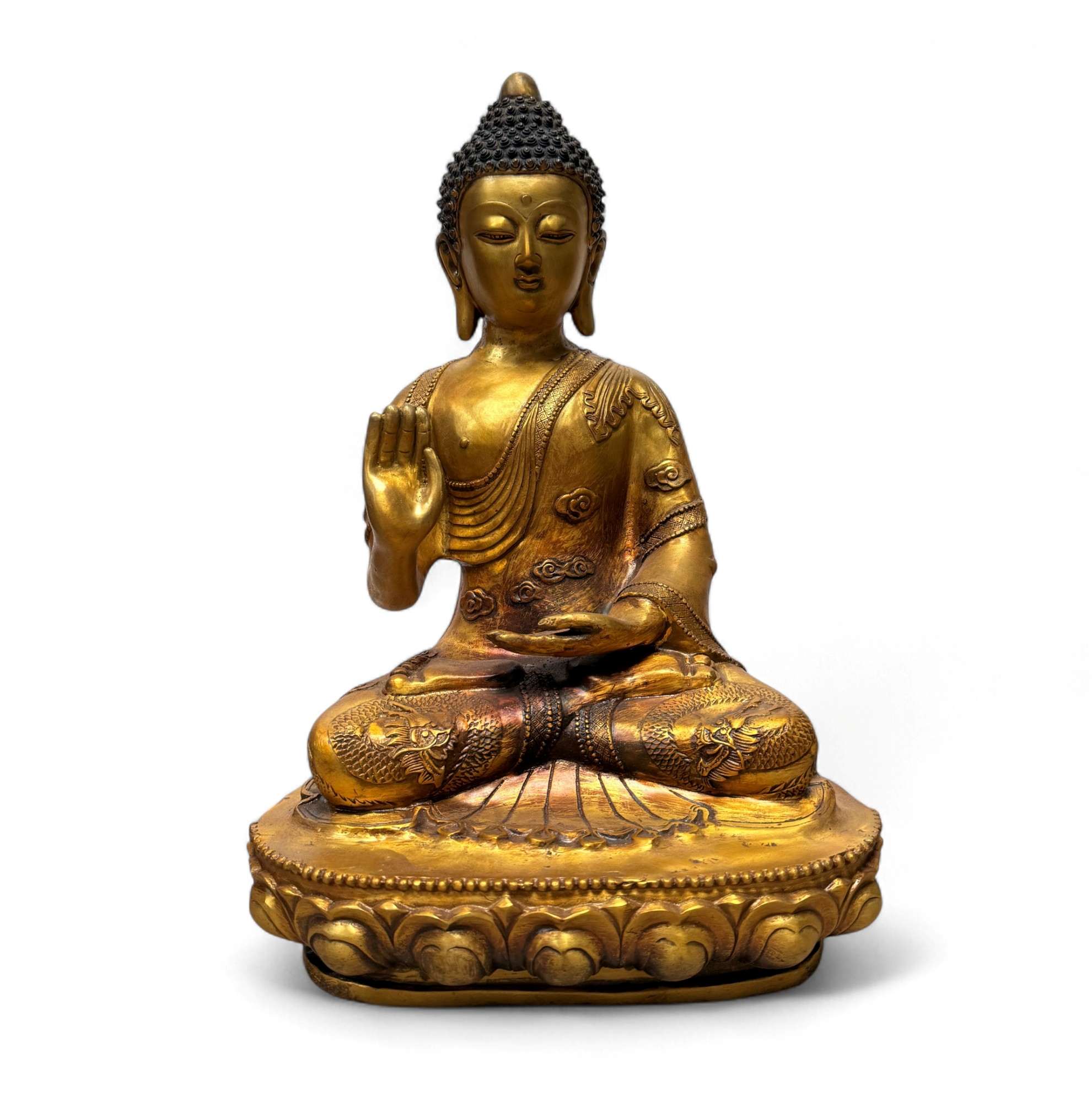 Bronze-Buddha 44 cm – Schutzgeste & Drachen – Sichuan China