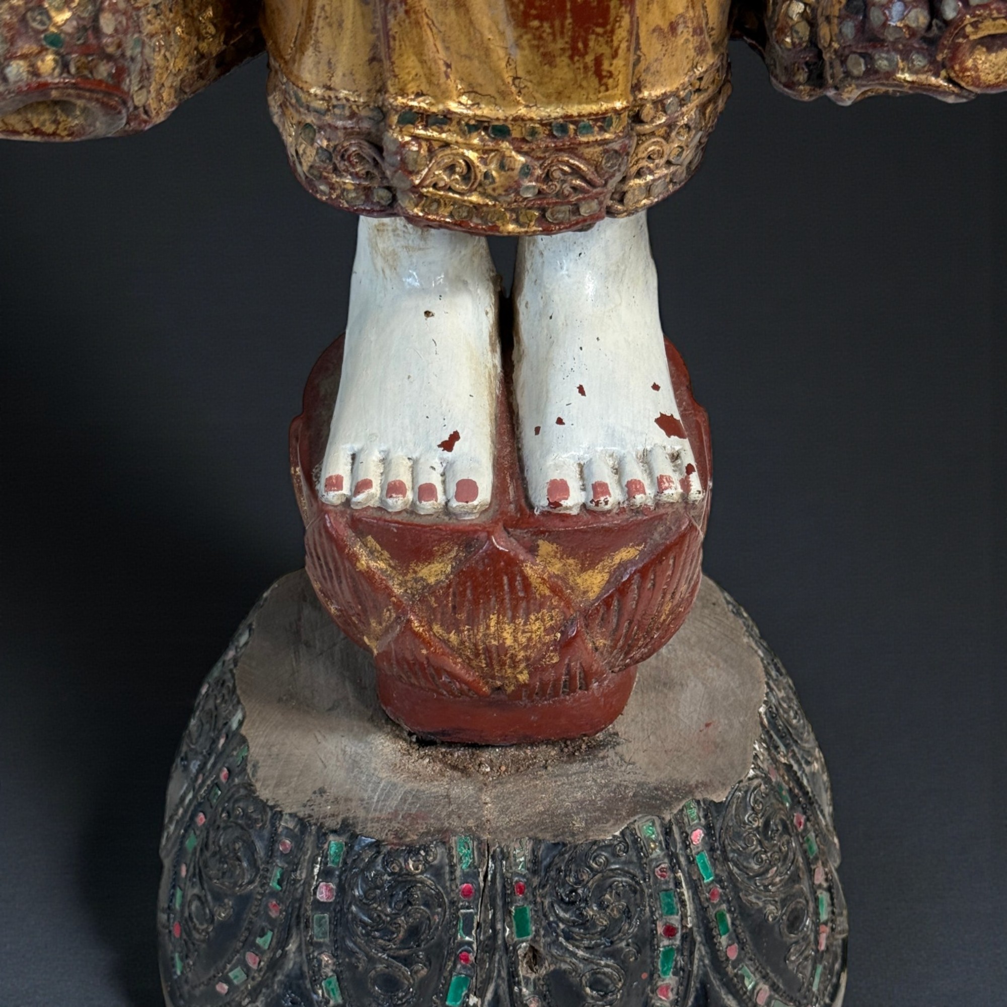 Alter Burma Mönch Holz Figur Trommel Jadestab: Teak Lotussockel Vergoldet 88cm