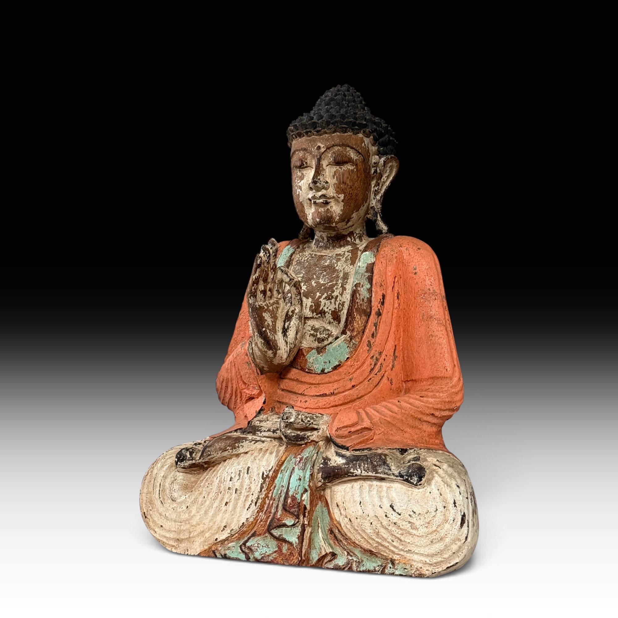 Vintage Buddha Figur aus Suarholz, bemalt, Vitarka Mudra, 50 cm – Indonesien