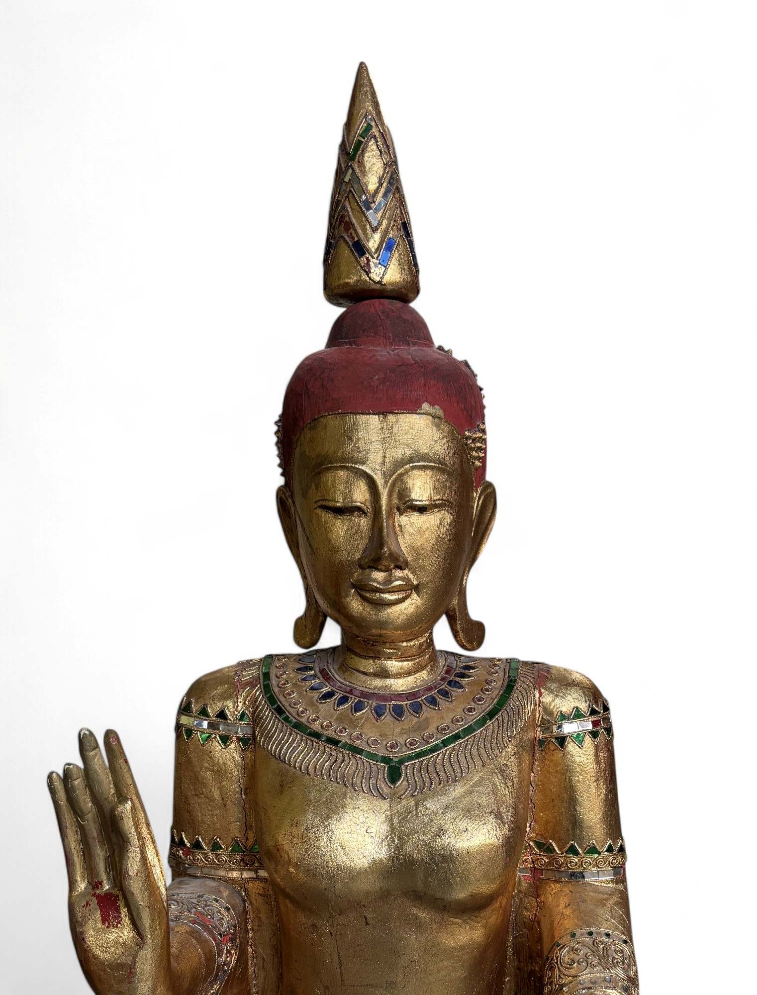 Alte Buddha Statue Thailand Holz Figur blattvergoldet 182 cm