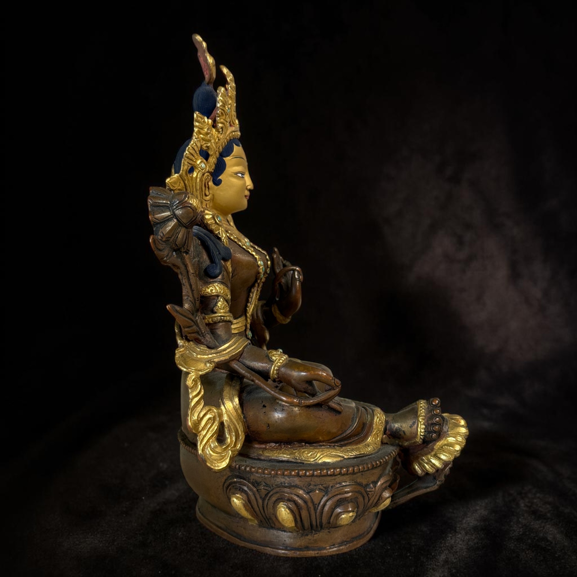 Grüne Tara Bronze Figur Nepal teilvergoldet & Türkissteinchen 21 cm