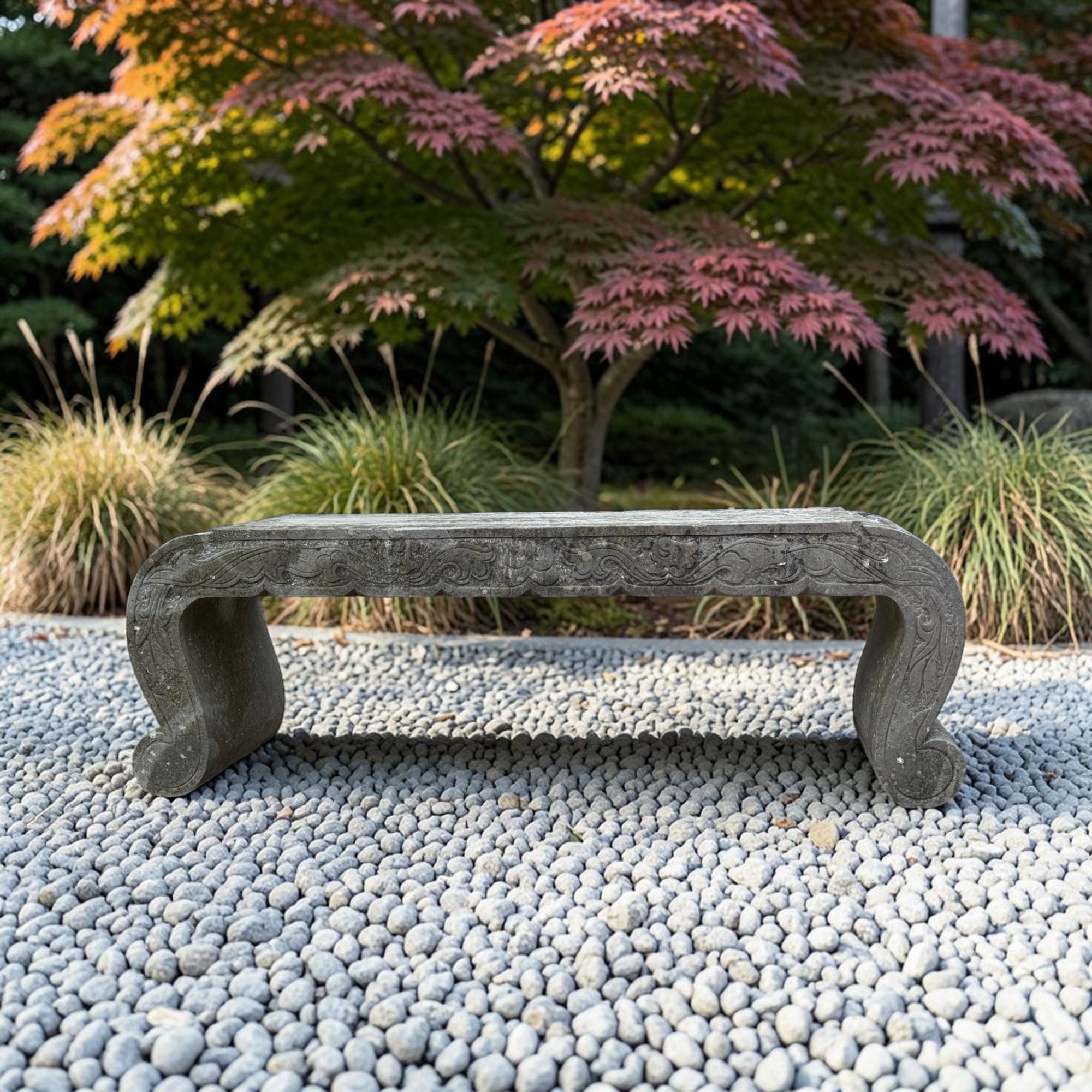 Bluestone Opiumbank mit Phönix-Relief – Alte Naturstein Gartenbank 120 cm