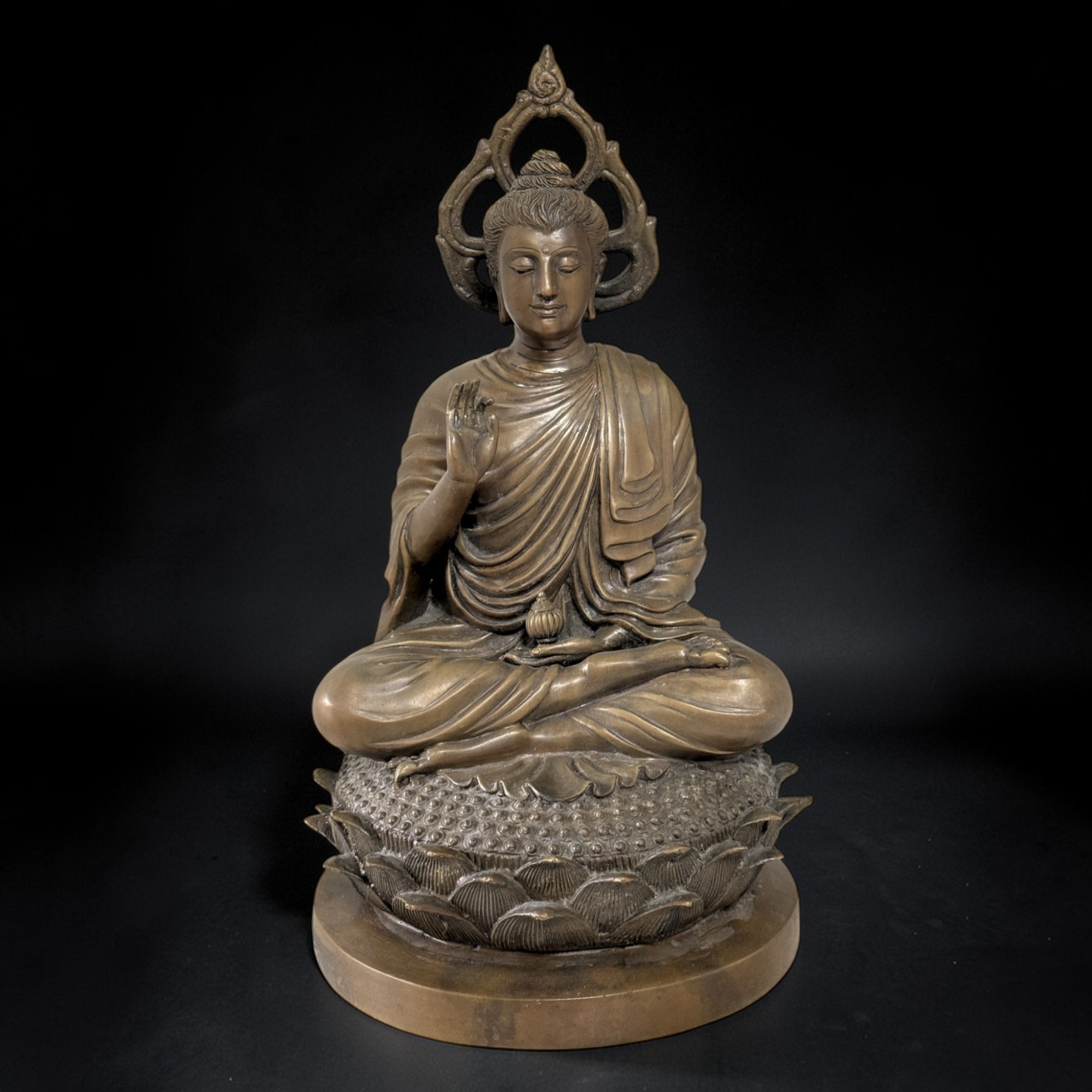 Gandhara Bronze Buddha Skulptur mit Aureole 43 cm