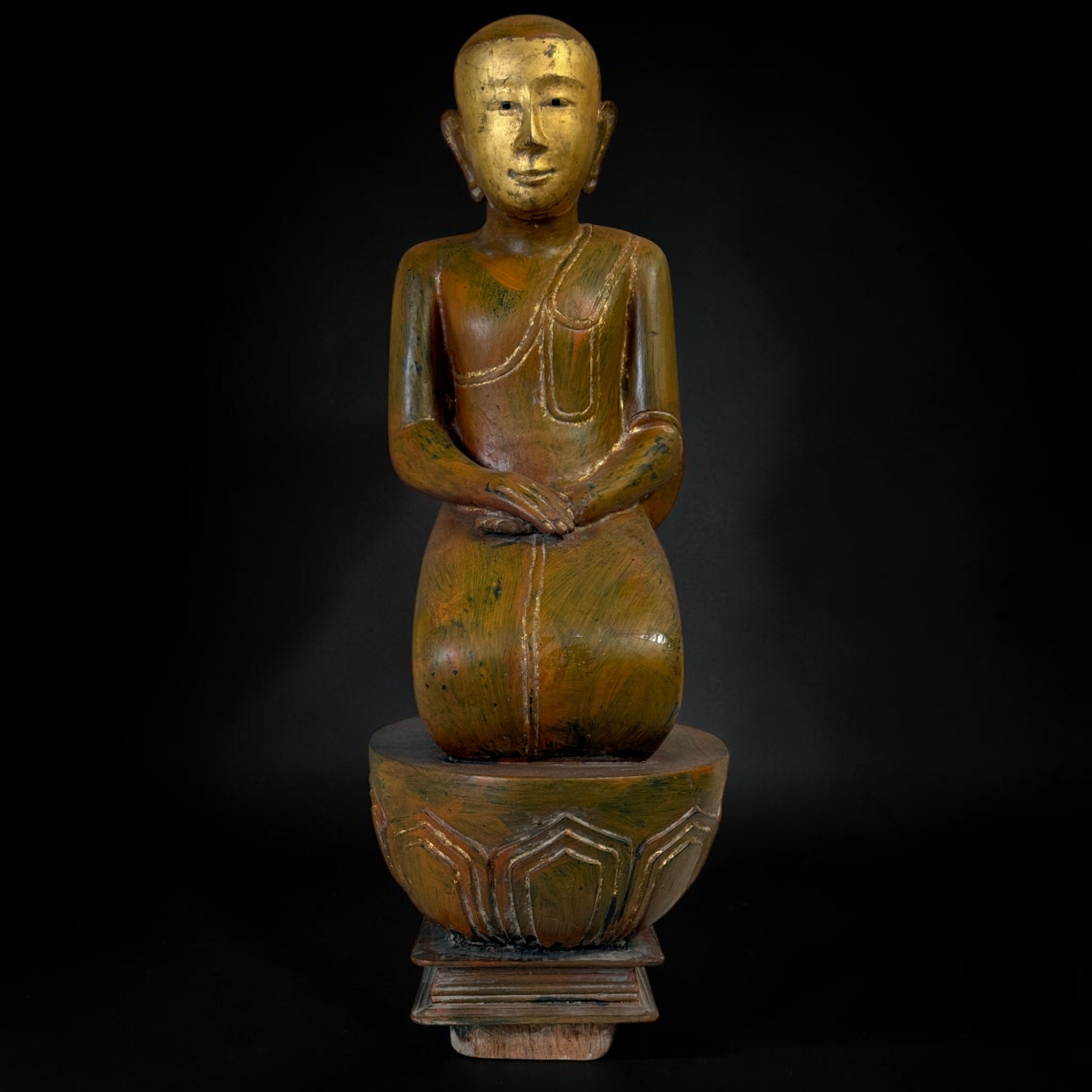 Mönch-Skulptur Sariputta Burma – Alt – Lacquerware &Restvergoldung – 72 cm groß