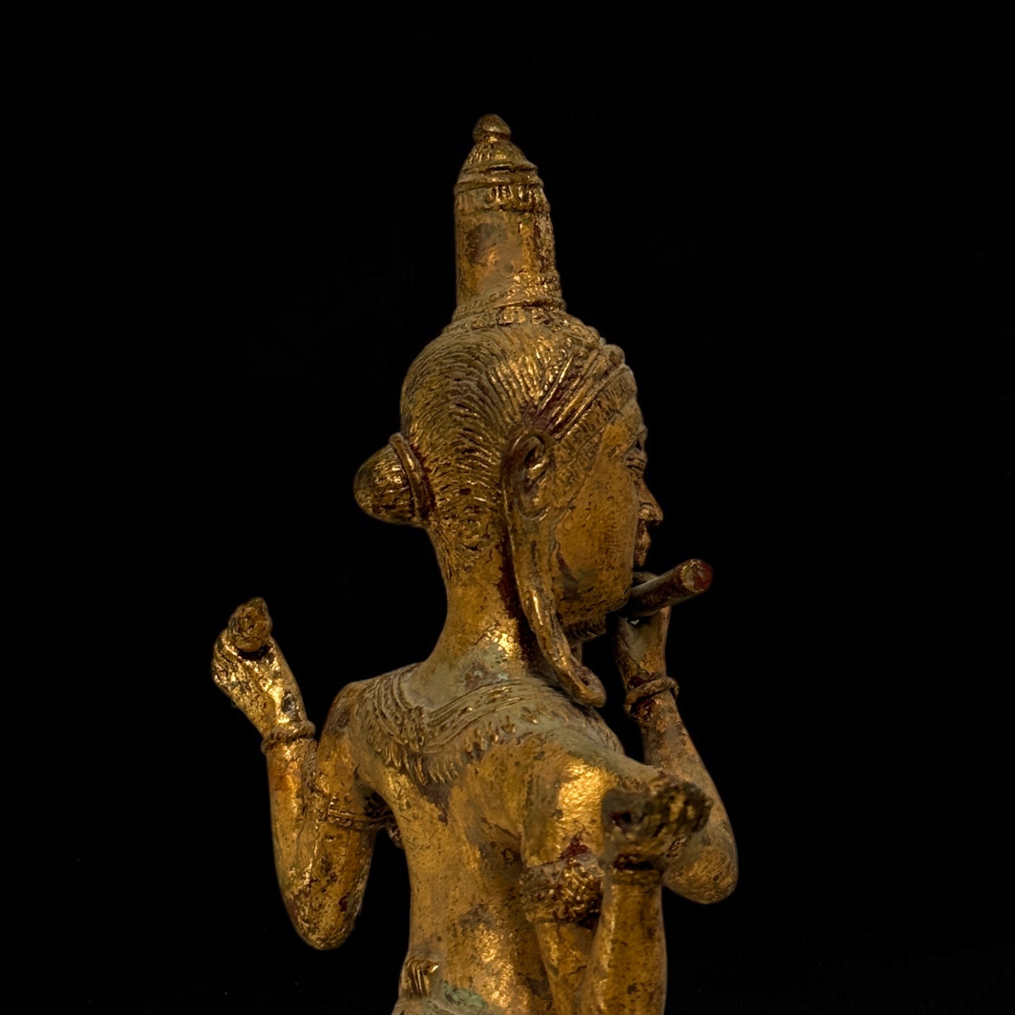 Krishna Figur Bronze Thailand, Flötenspieler Statue 31 cm, Restvergoldung