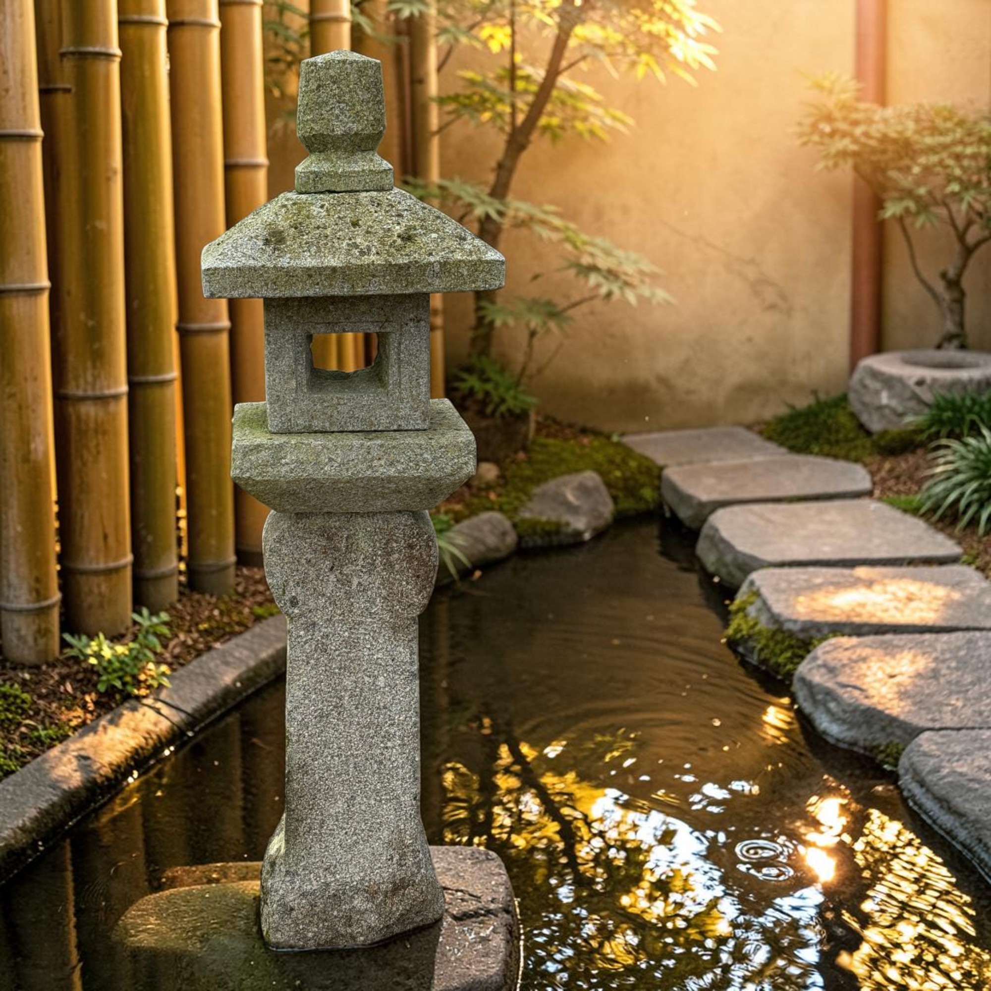 Alte Japanische Steinlaterne Granit 113cm - 5-teilig - Bemoost & Frostfest