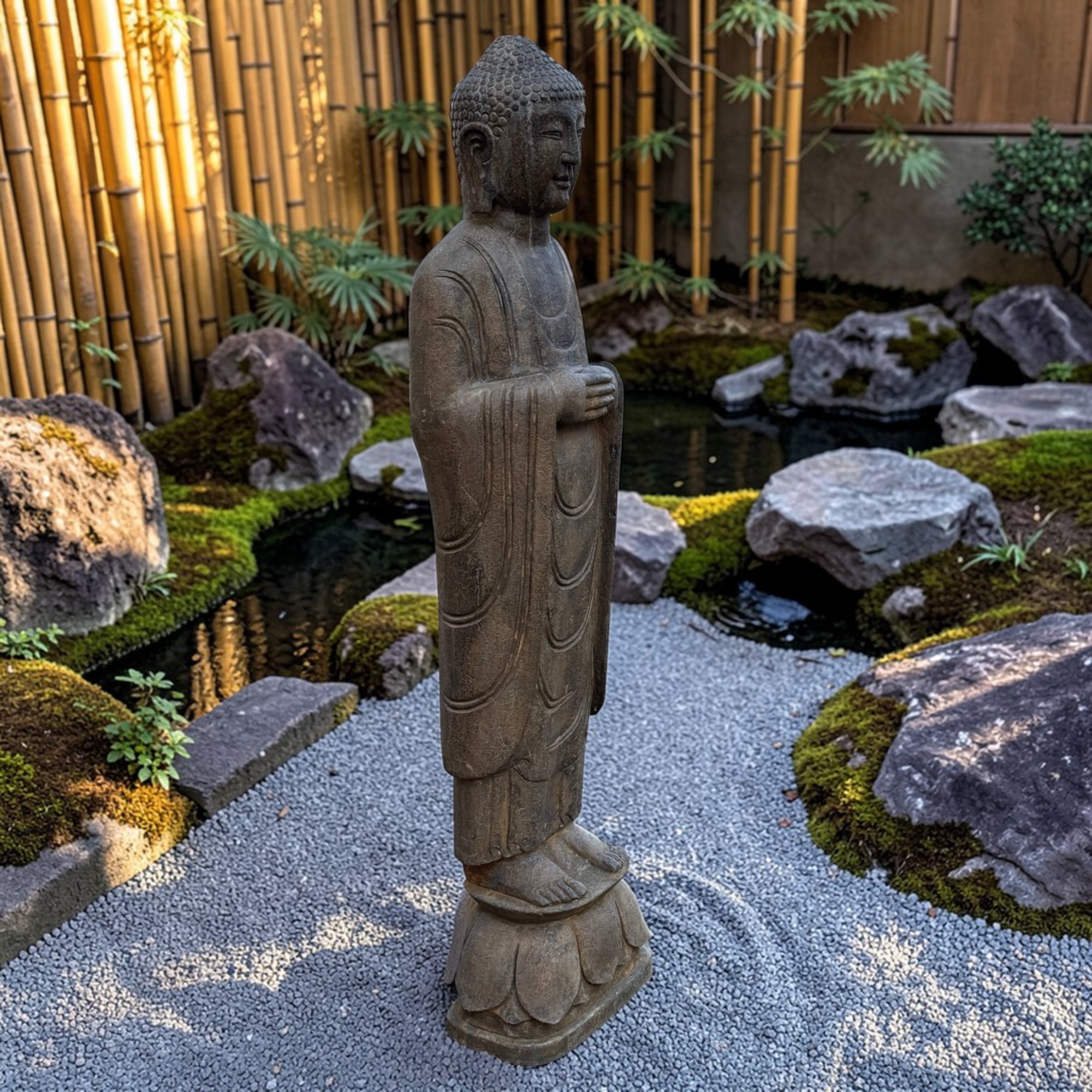Große Garten Buddha Statue aus Naturstein mit ruhender Handhaltung
