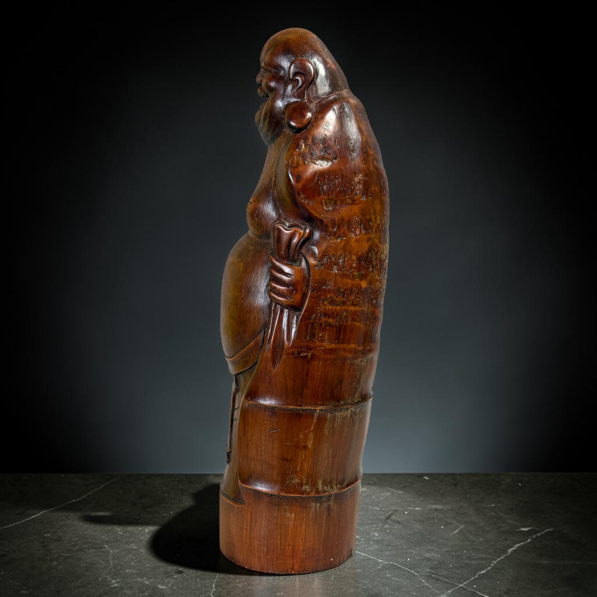 Alte Glücksbuddha Figur Lachender Buddha aus Bambusholz 46cm