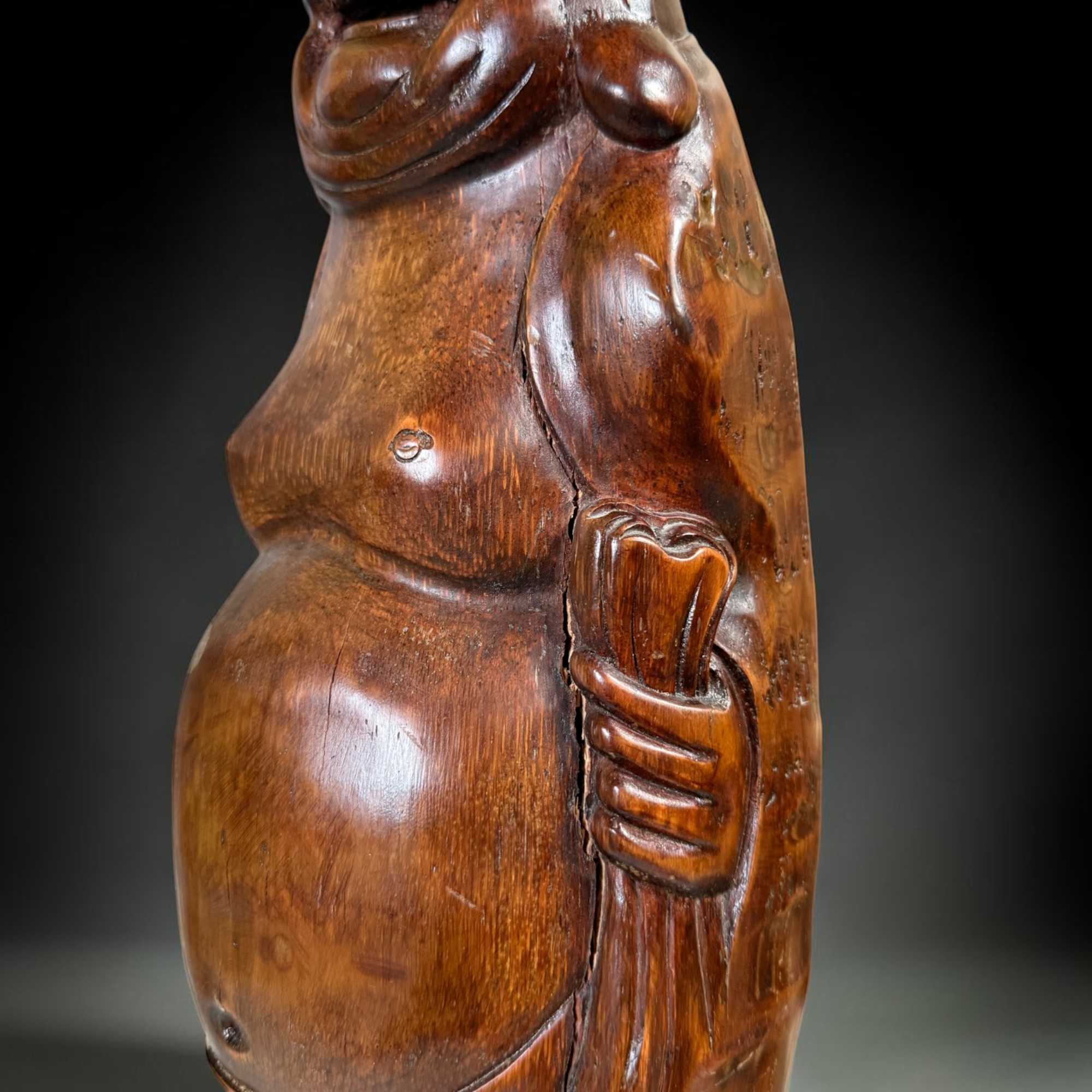 Alte Glücksbuddha Figur Lachender Buddha aus Bambusholz 46cm