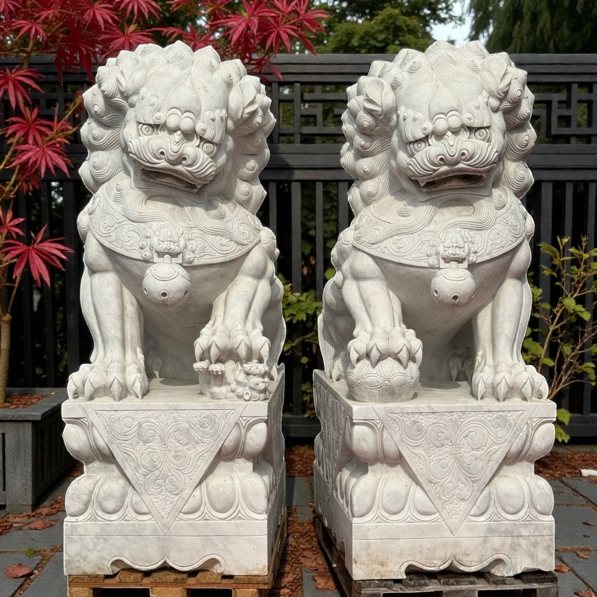 Chinesische Foo-Löwen Marmor | Wächterlöwen Paar 200 cm handgefertigt