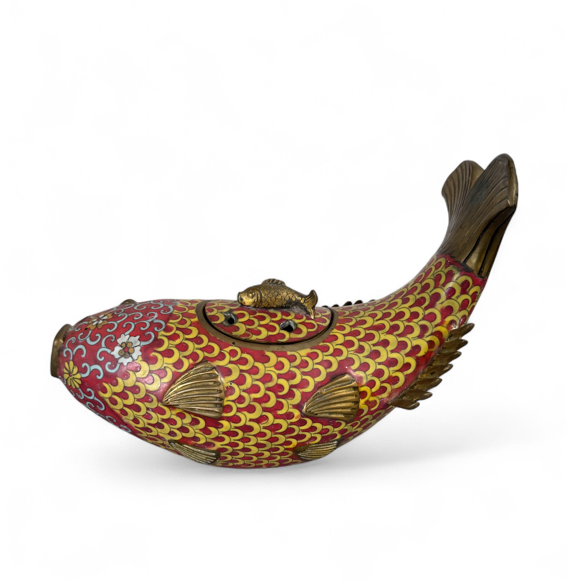 Koi Fisch Bronze Skulptur Cloisonné China mit Deckel – Räuchergefäß