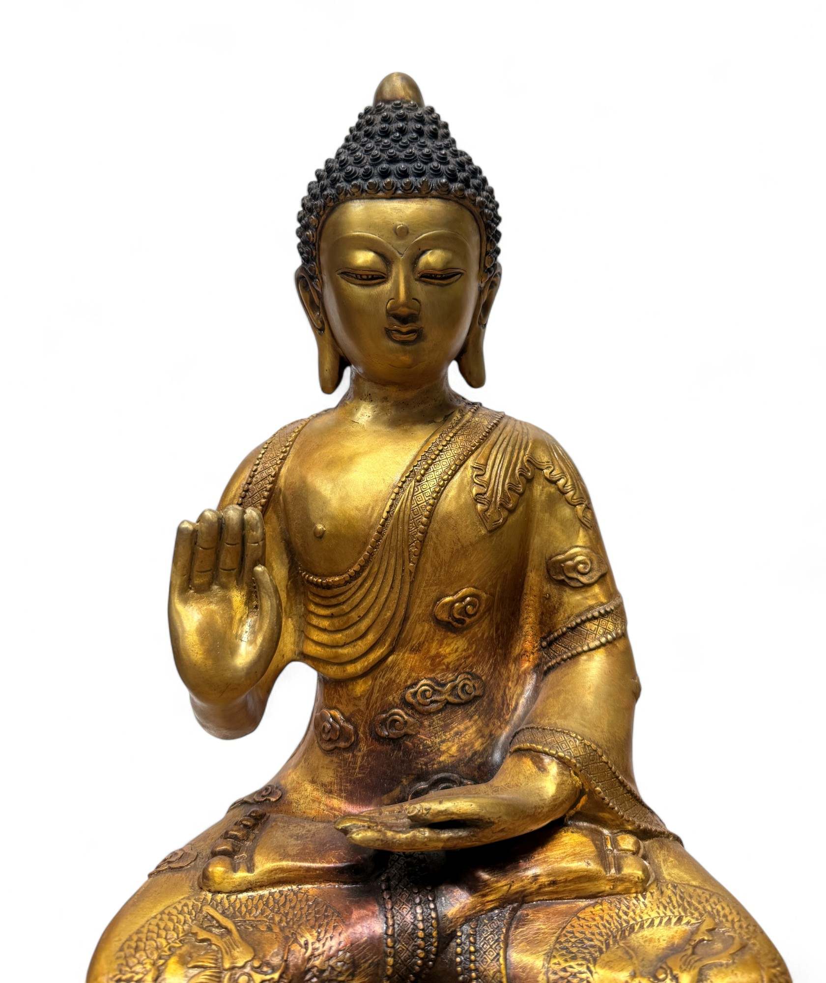 Bronze-Buddha 44 cm – Schutzgeste & Drachen – Sichuan China