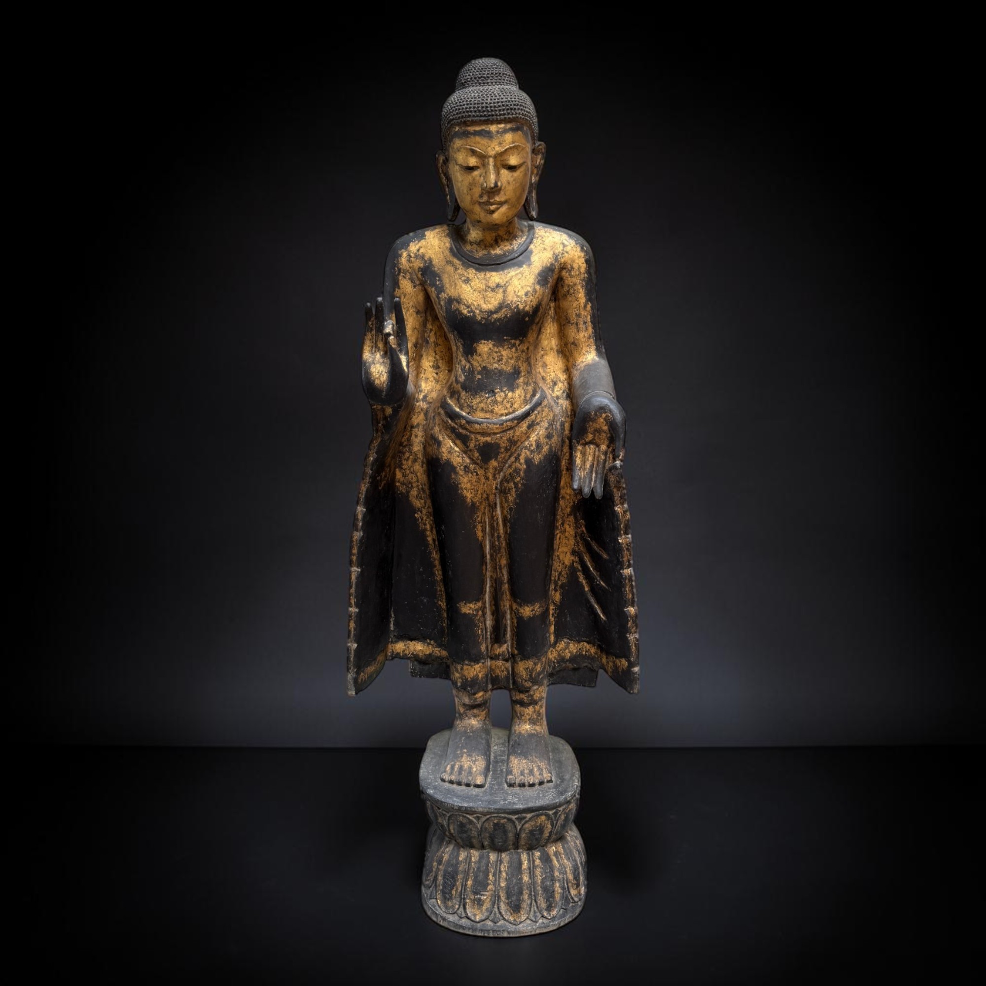 Buddha Figur stehend Teakholz Skulptur Burma Rakhine Asiatika 185cm