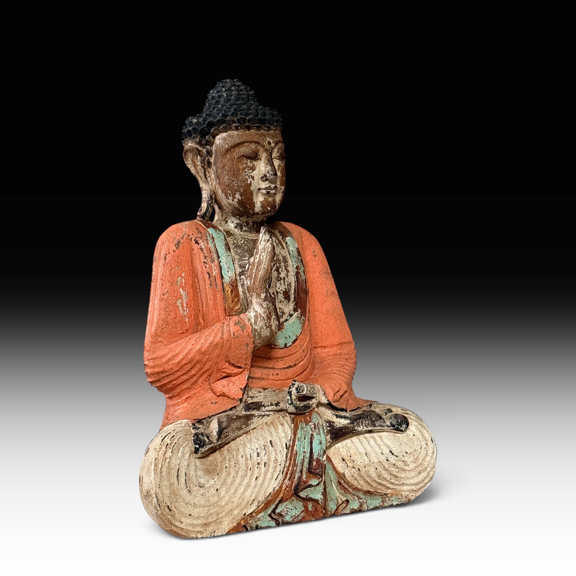 Vintage Buddha Figur aus Suarholz, bemalt, Vitarka Mudra, 50 cm – Indonesien