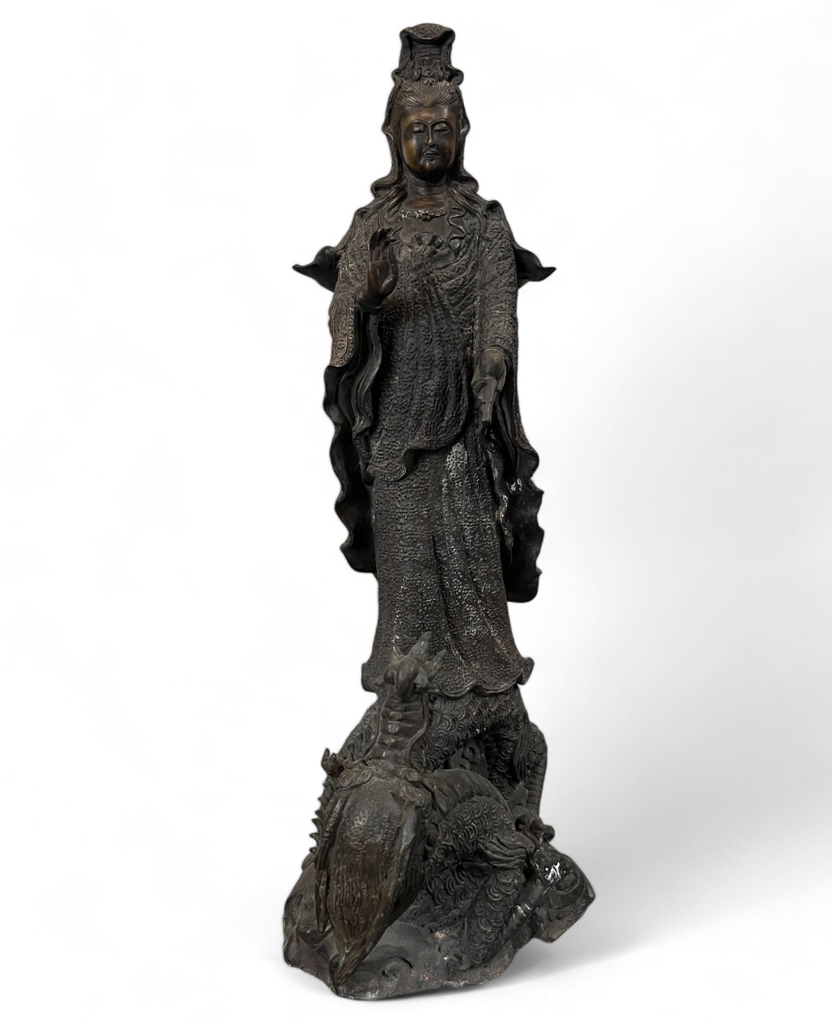 Buddha Figur Bronze Guanyin auf Drache 49cm groß
