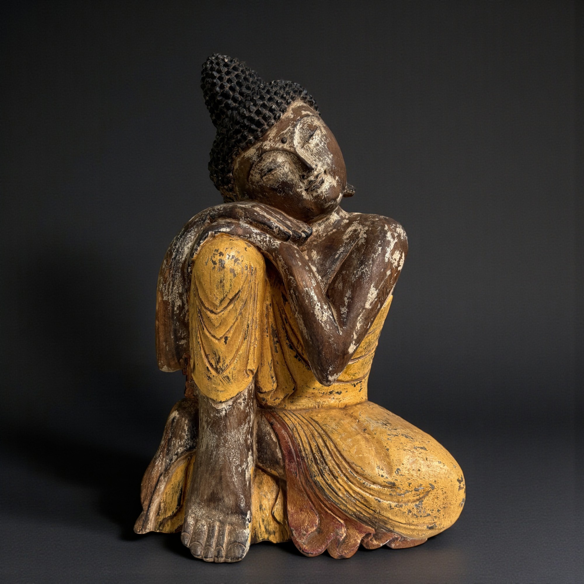 Schlafender Holz Buddha in Relax Pose aus Indonesien 62 cm groß