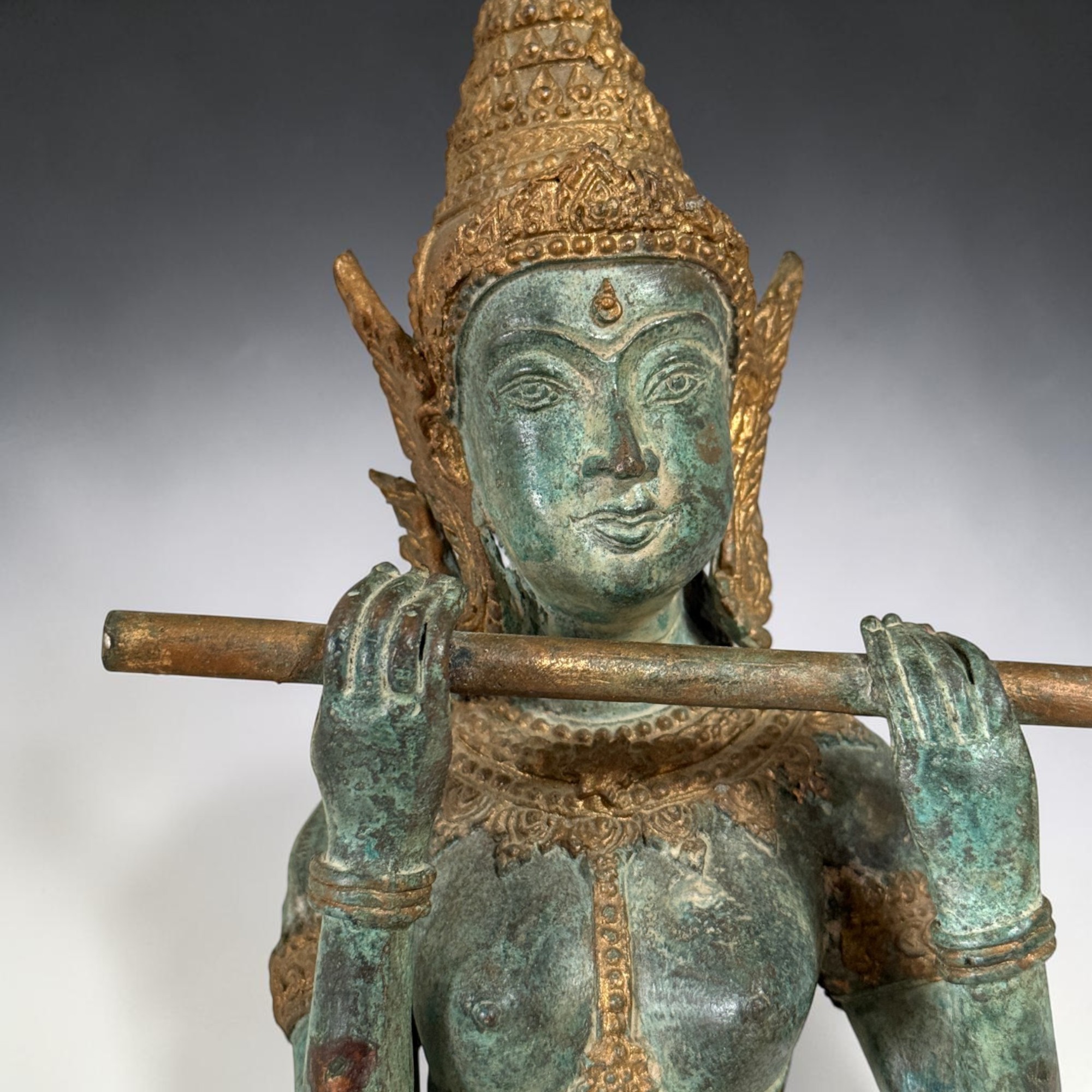 Thailändischer Prinz Bronze Figur mit Flöte | 40,5cm Phra Aphai Mani | Alt Unikat